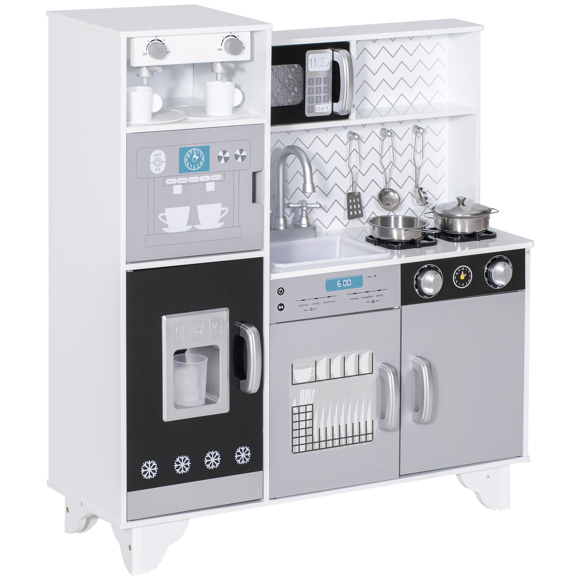 AIYAPLAY Cuisinette en bois avec son Accessoires en acier inoxydable pour enfants à partir de 3 ans Blanc