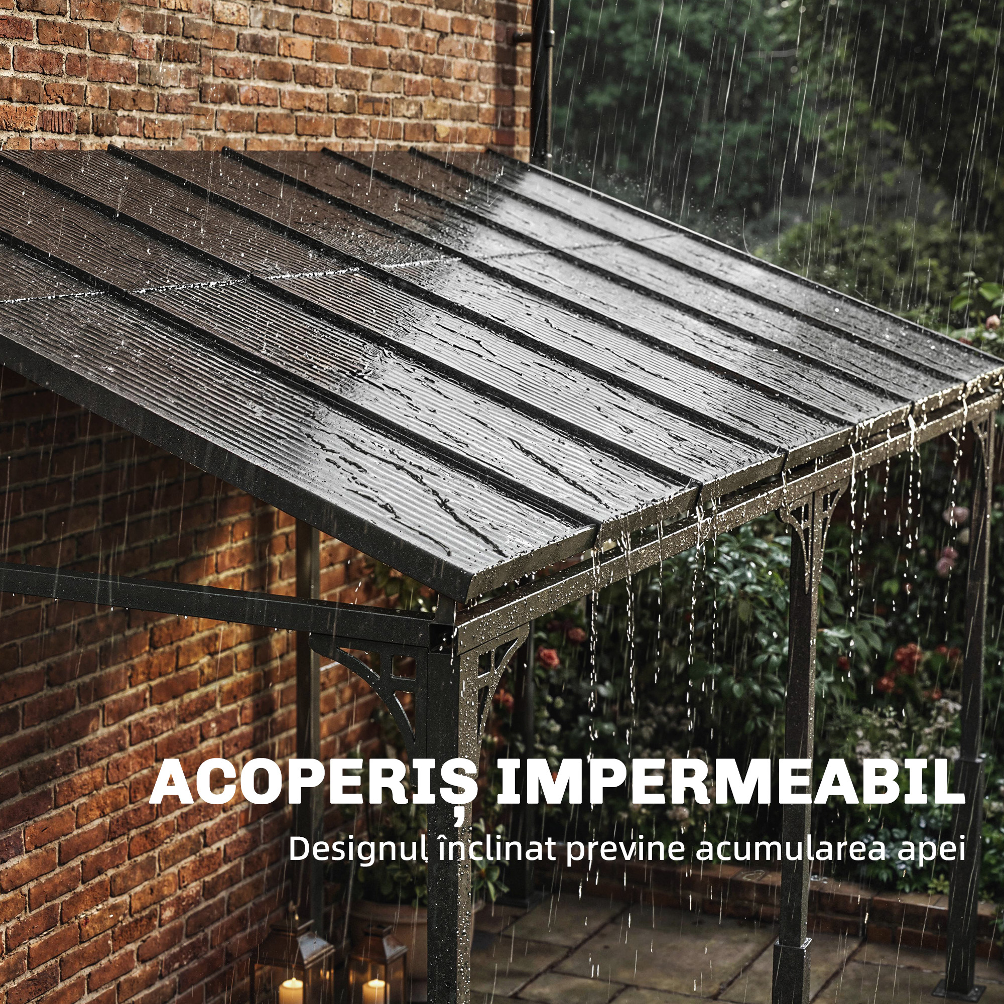  Pergola Adosata 4x3 m cu Acoperis din Policarbonat, Foisor din Metal si Aluminiu cu suruburi, pentru Exterior, Terasa si Gradina, Protectie UV, Maro [5]