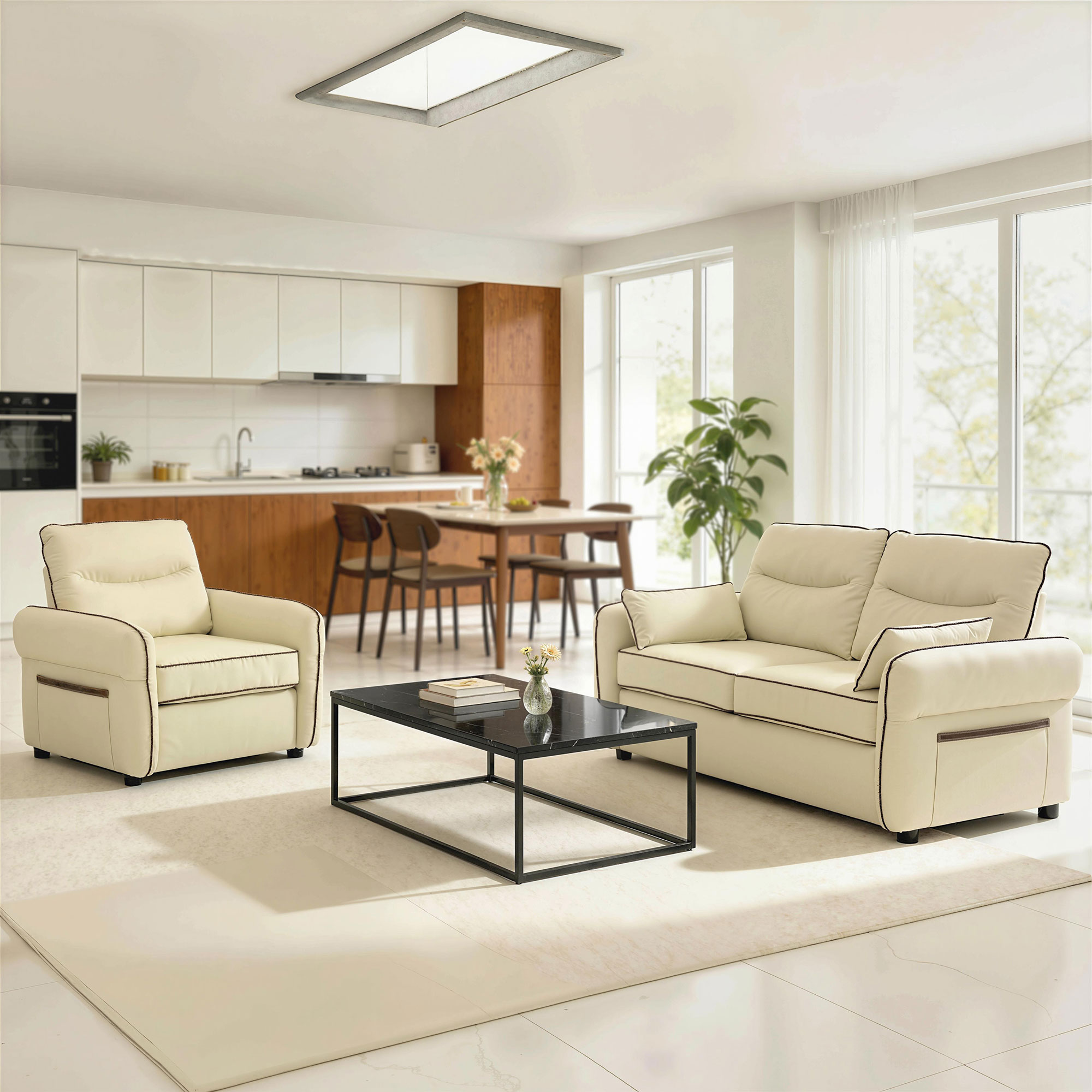  Canapea cu 3 Locuri, Tapitata in Piele Sintetica cu Margini Contrastante, Canapea pentru Living cu Umplutura Groasa, 2 Perne Detasabile si Lavabile, Brate si Buzunare Laterale, 190x83x90 cm, Bej [5]