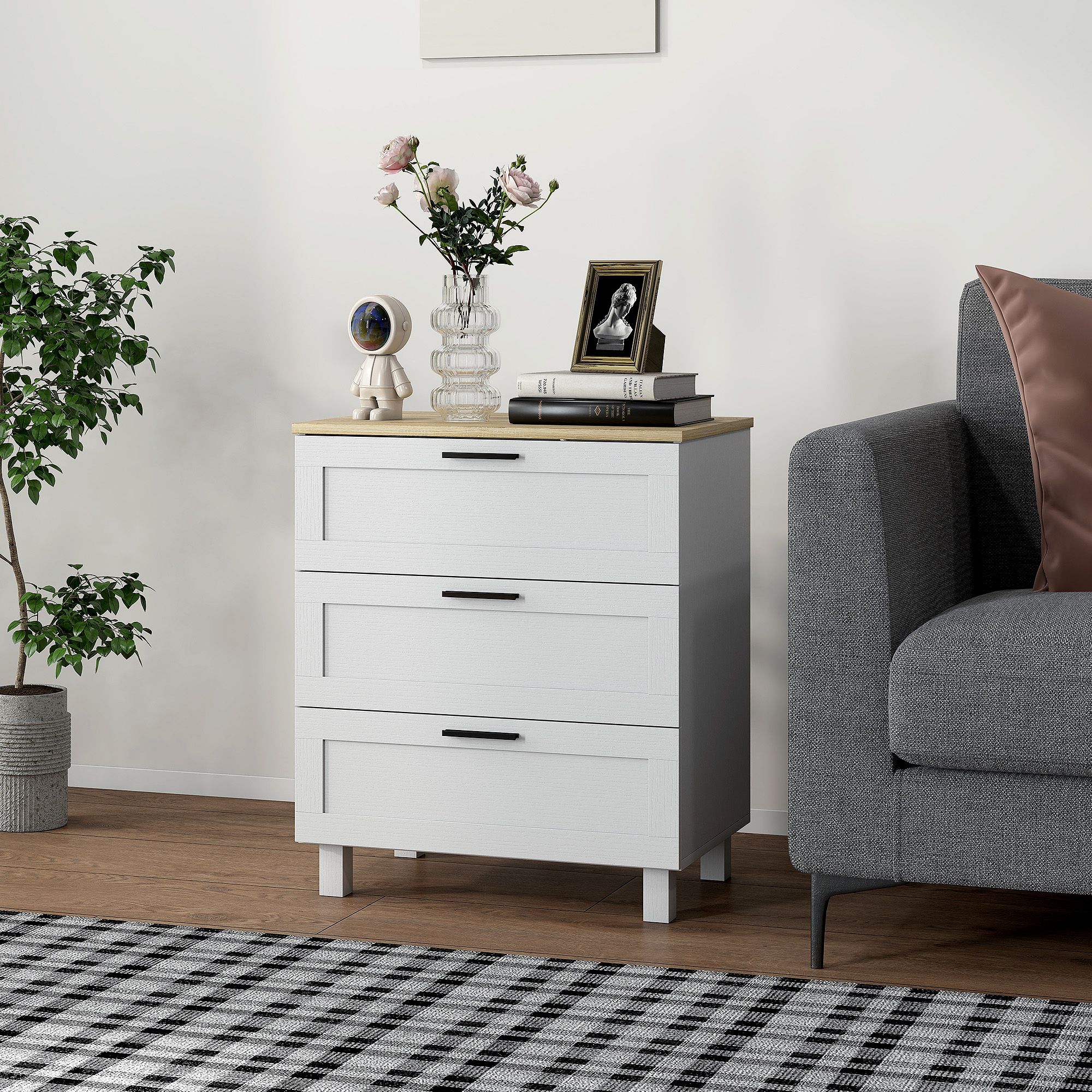  Comoda cu 3 Sertare Moderna din Lemn, 60x38x71 cm, Alb si Aspect de Lemn [8]