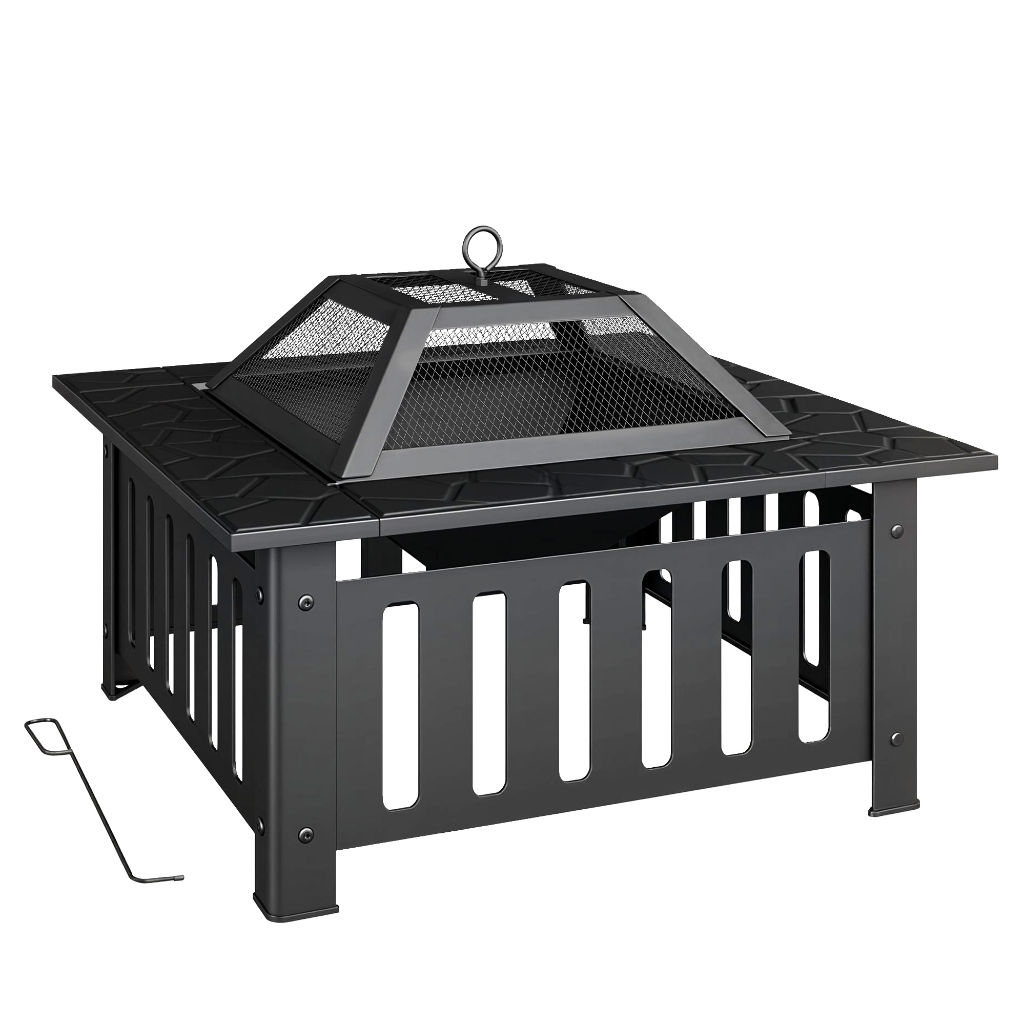 Outsunny Brasero Exterior de Acero Cuadrado 67x67x47 cm Brasero Exterior Jardín con Atizador Tapa de Malla para Fiesta Negro