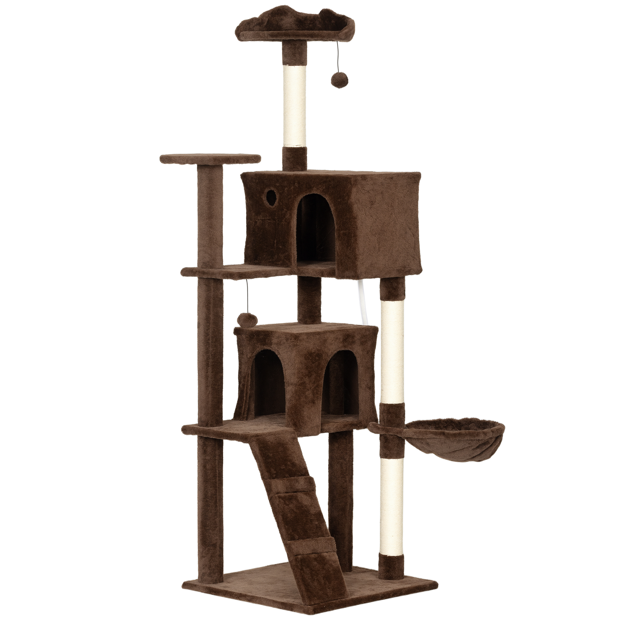 PawHut Kratzbaum für Katzen, 180 cm, Turm mit mehreren Plattformen, Bett, 2 Höhlen, Hängematte, Leiter, Sisalpfosten, Spielbälle, Braun Aosom