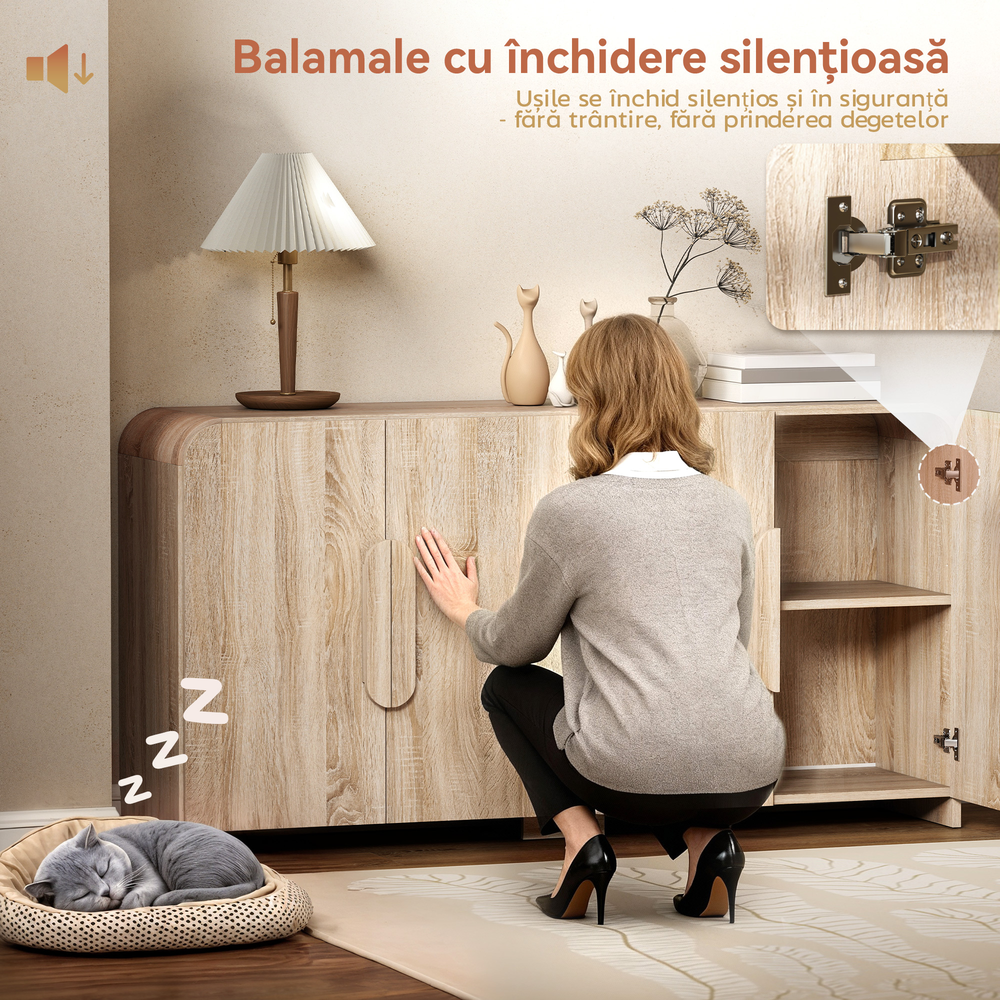  Comoda de Bucatarie cu 2 Dulapuri, Usi Soft-Close si Rafturi Reglabile, 157x39x82 cm, Lemn Natural [5]