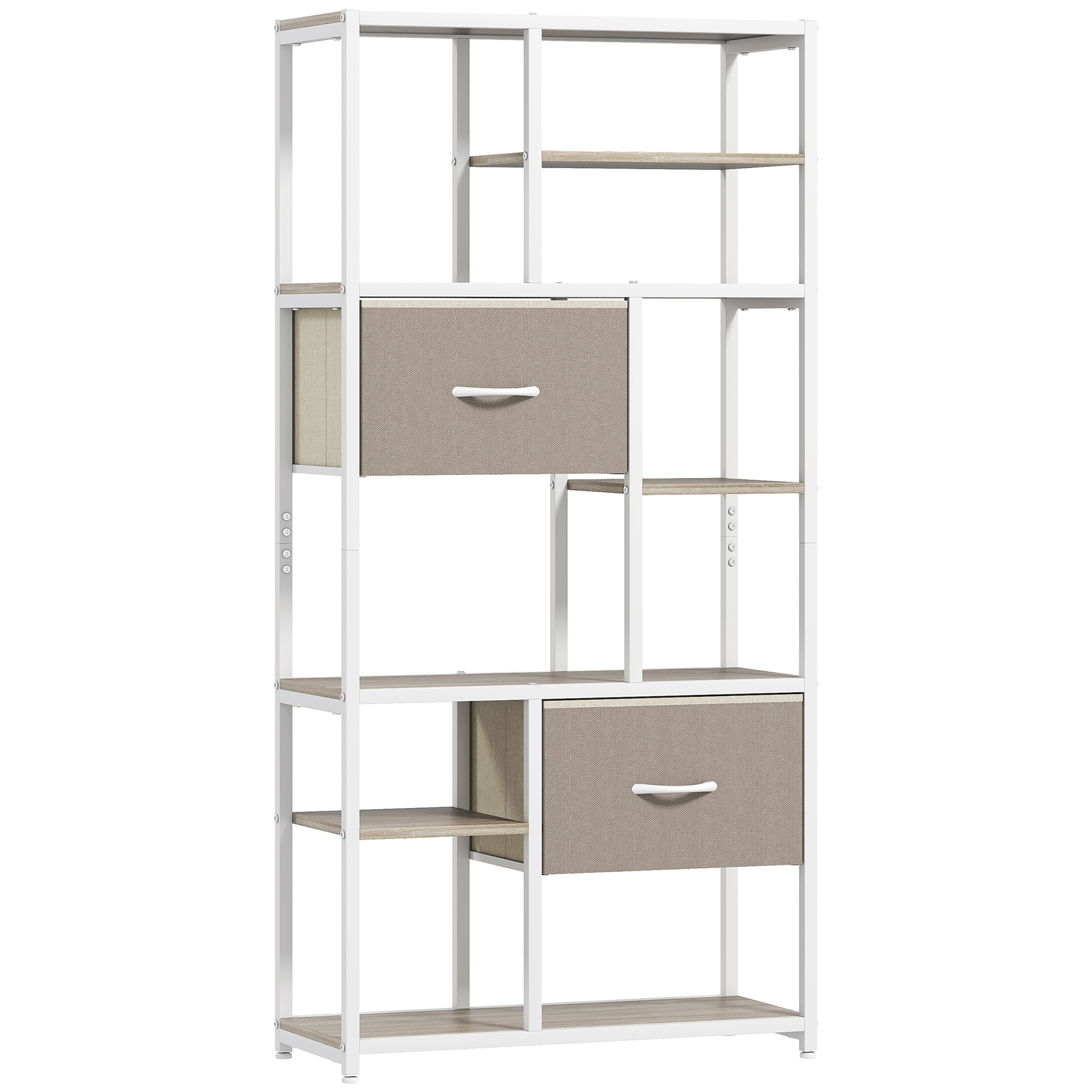 HOMCOM Aufbewahrungsregal 6 Ebenen, Bücherregal mit 2 Stoffschubladen, 9 offene Regalfächer, Aufbewahrungsmöbel mit Stahlrahmen für Wohnzimmer, Büro, Schlafzimmer, 72,5 x 30 x 150 cm, Holzoptik, weiß Aosom