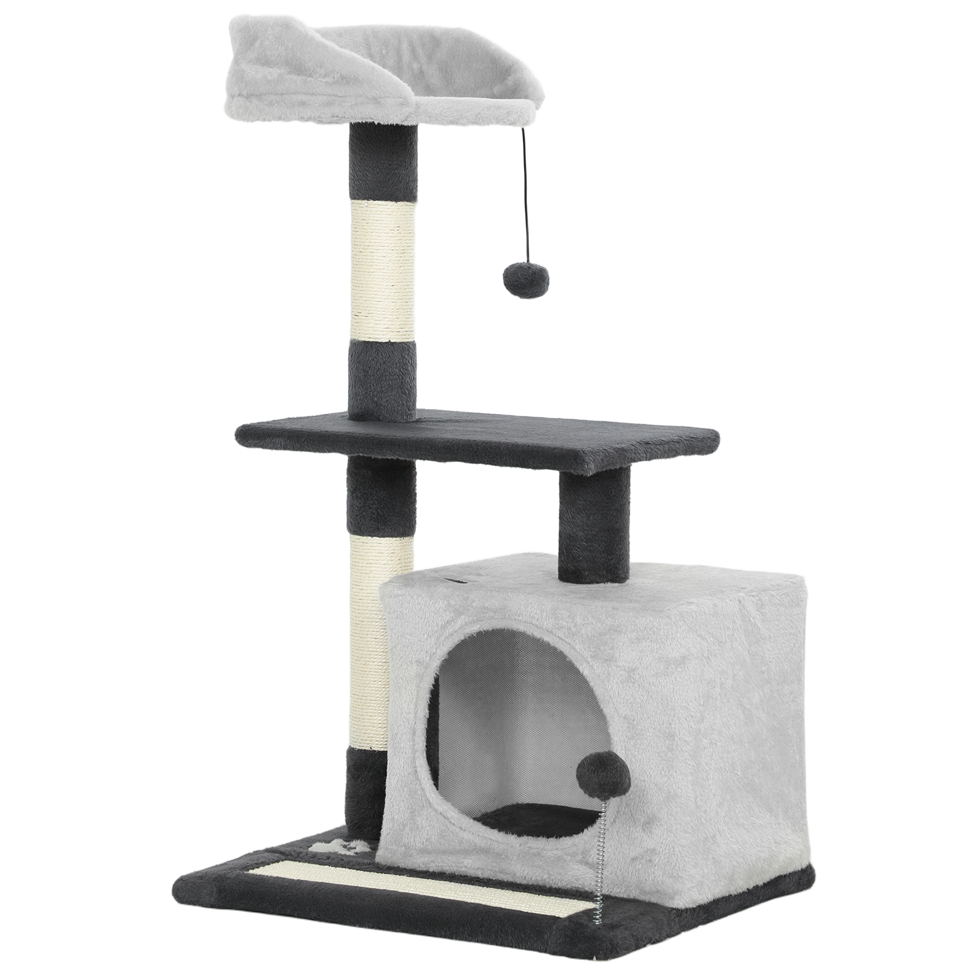 PawHut Kratzbaum für Katzen 85 cm hoch, Katzenturm für Katzen und Kätzchen mit Häuschen, oberem Liegeplatz, Bällchen, Sisal-Pfosten und Kratzmatte, Hellgrau Aosom