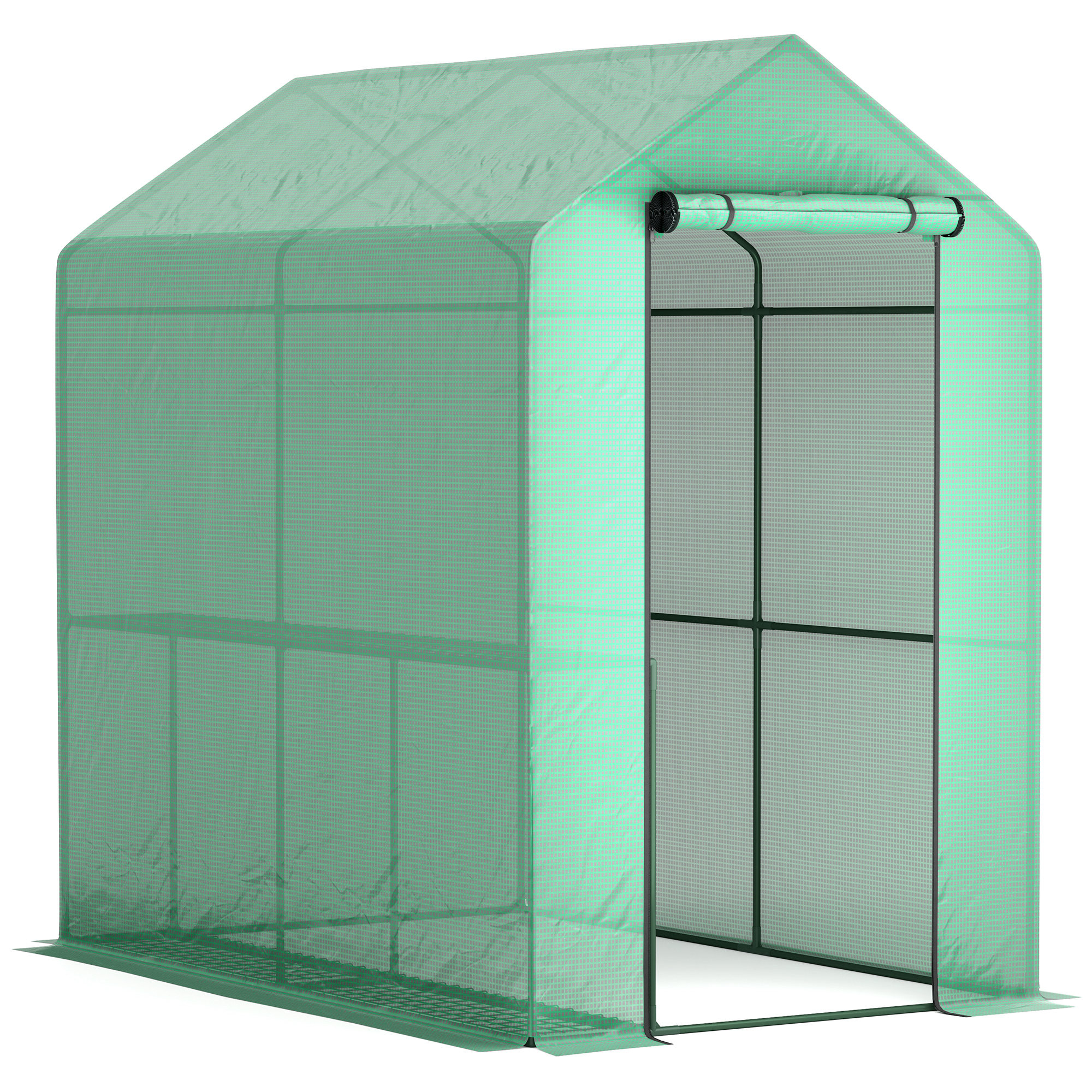 Outsunny Gewächshaus PE mit 2-stöckigem Regal, Balkongewächshaus, verstärkte Abdeckung 140 g/m², Stahlgestell, aufrollbare Reißverschlusstür, für Gemüse, Pflanzen, Blumen, 186 x 120 x 190 cm, grün Aosom