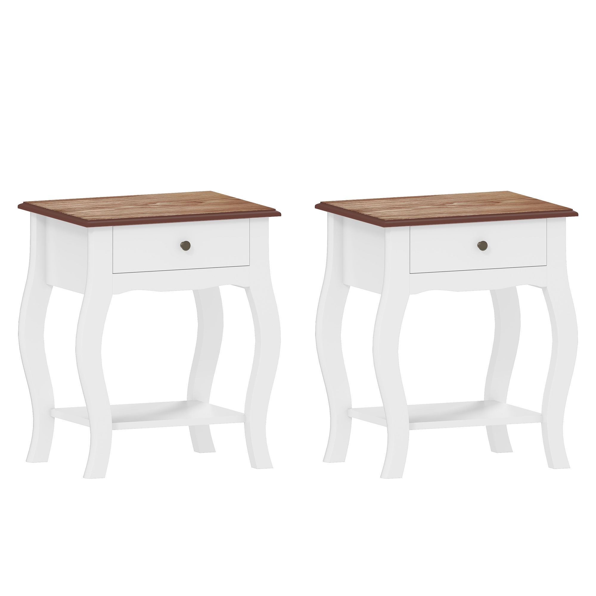 HOMCOM 2er-Pack Nachttische mit Schublade, offenem Fach und Abdeckplatte in Eichenoptik, Französischer Stil, 45x35x55 cm, Weiß und Eiche Aosom