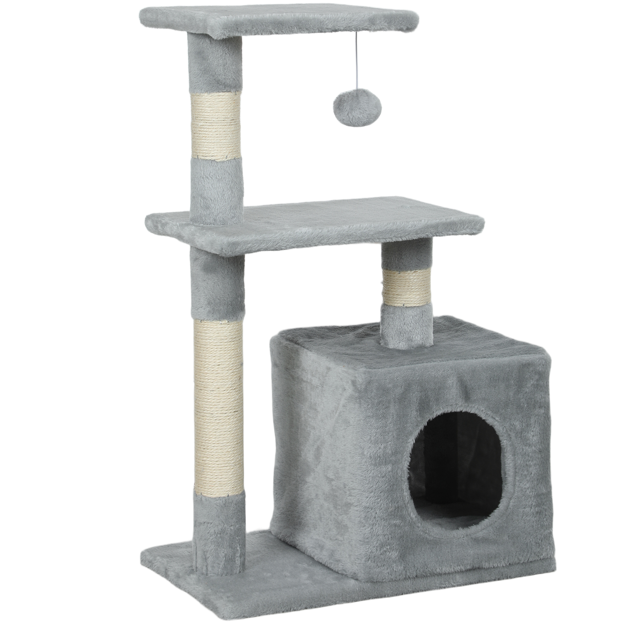 PawHut Kratzbaum für Katzen mit Häuschen, 2 Plattformen und Spielball, Kratzbaum aus Spanplatte, Sisal und Plüsch, 50x30x81.5 cm, Grau Aosom