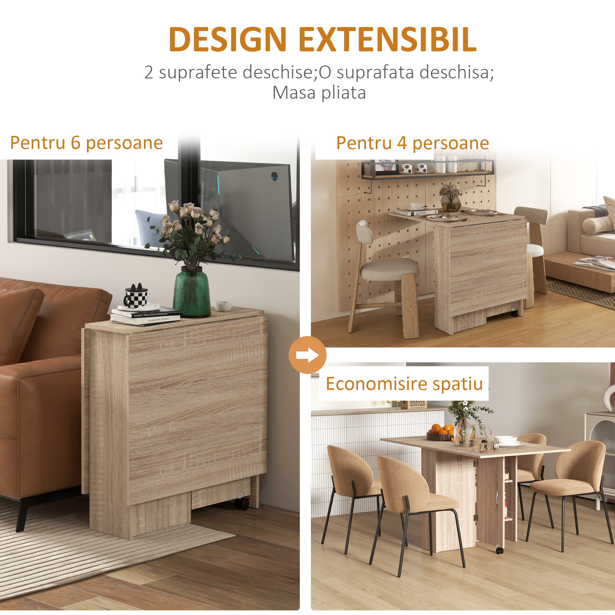  Masa Pliabila cu 2 Extensii pentru 6 Persoane, cu Rafturi si Roti Integrate, Lemn Natural [3]