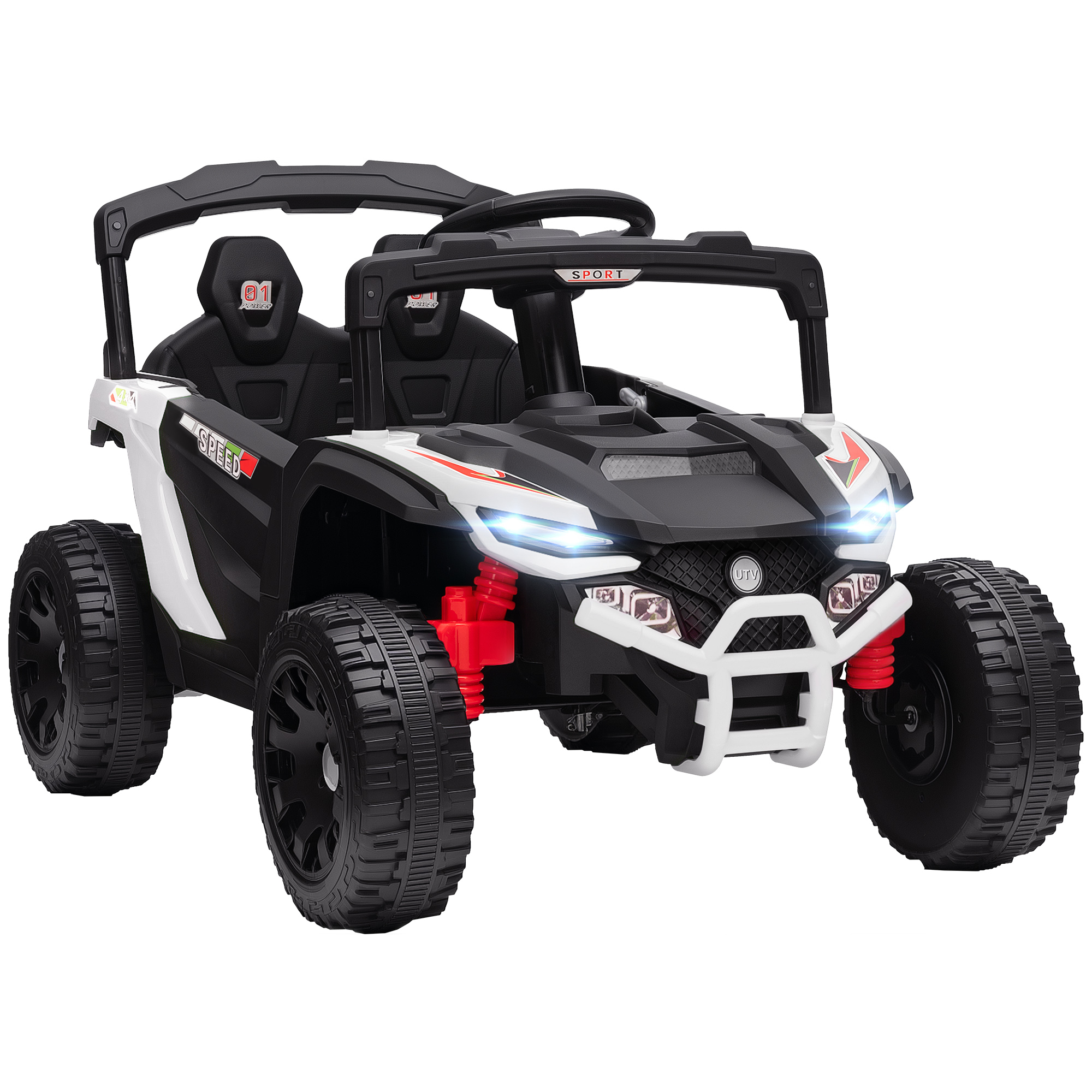 AIYAPLAY Elektro-Kinderauto 12V, UTV-Batterieauto mit 2 Motoren, 2,4G-Fernbedienung, 3-5 km/h, Hinterradfederung, Scheinwerfer, Musik, für Kinder 3-5 Jahre, Weiß Aosom