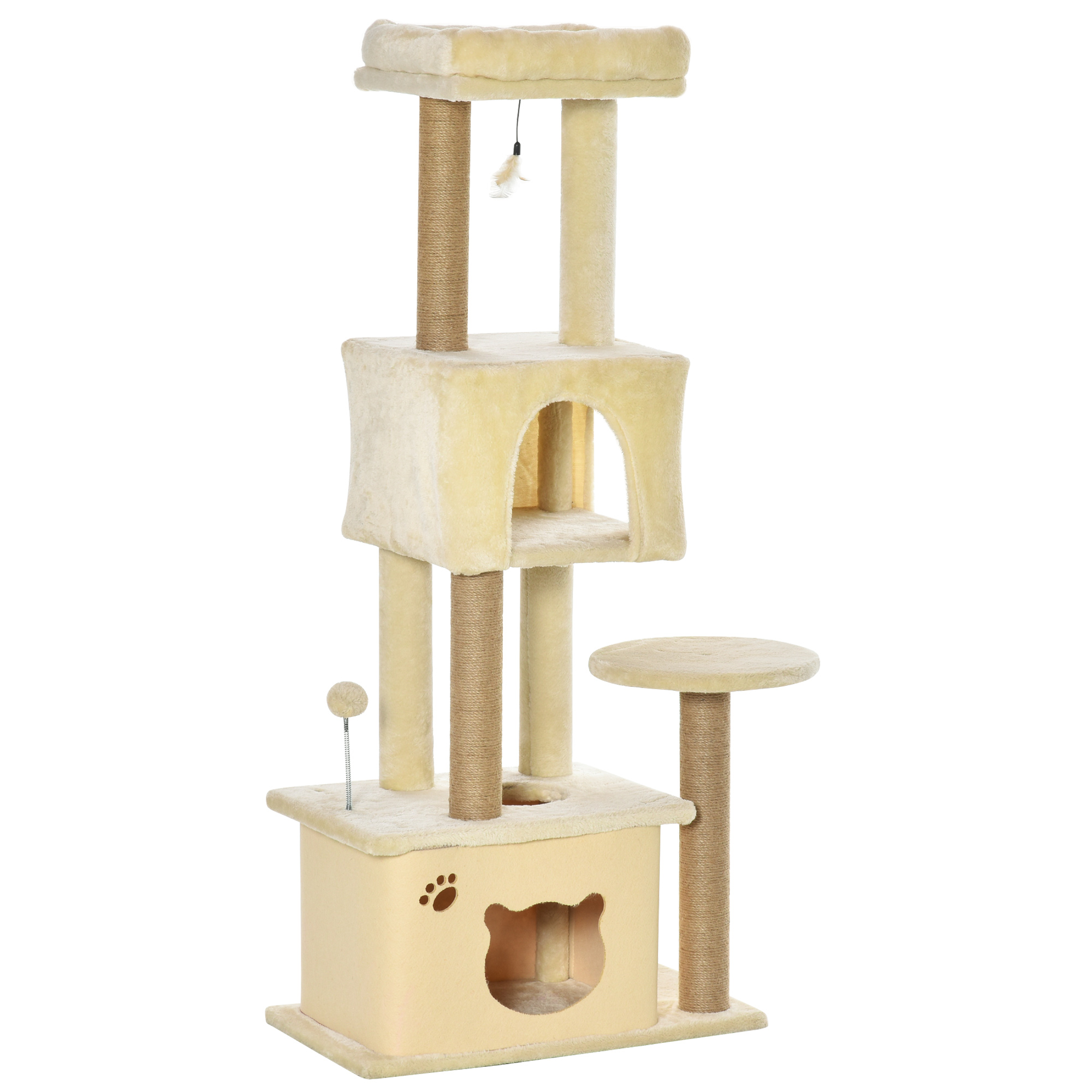 PawHut Katzenbaum für Erwachsene mit abnehmbarem Häuschen, mehrstöckiger Kratzbaum mit Jutapfosten, 2 Häuschen und Spielbällen, 60x34x136 cm, Beige Aosom