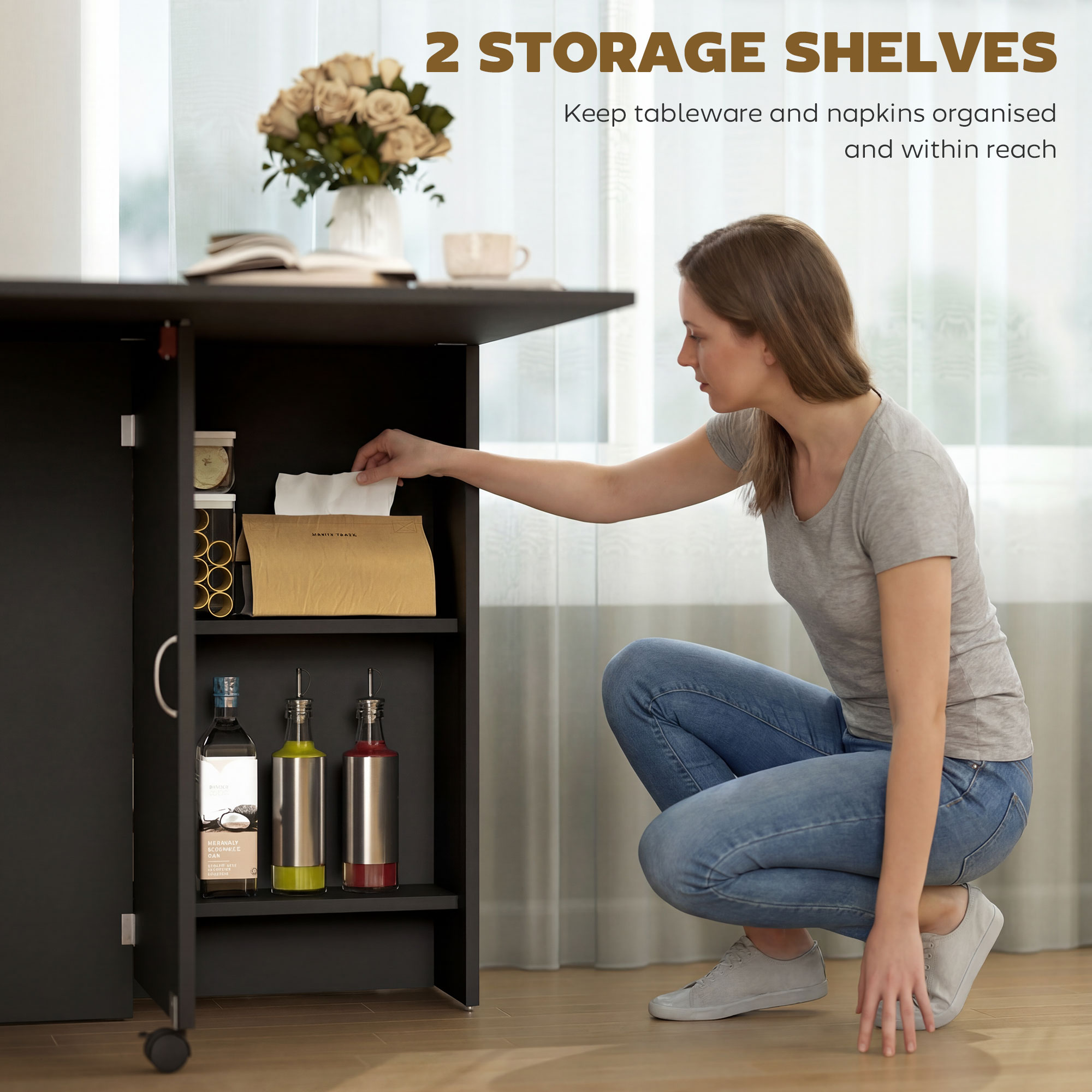  Masa Pliabila din Lemn pentru 4-6 Persoane cu Roti, 75x140x74cm, Neagra [4]