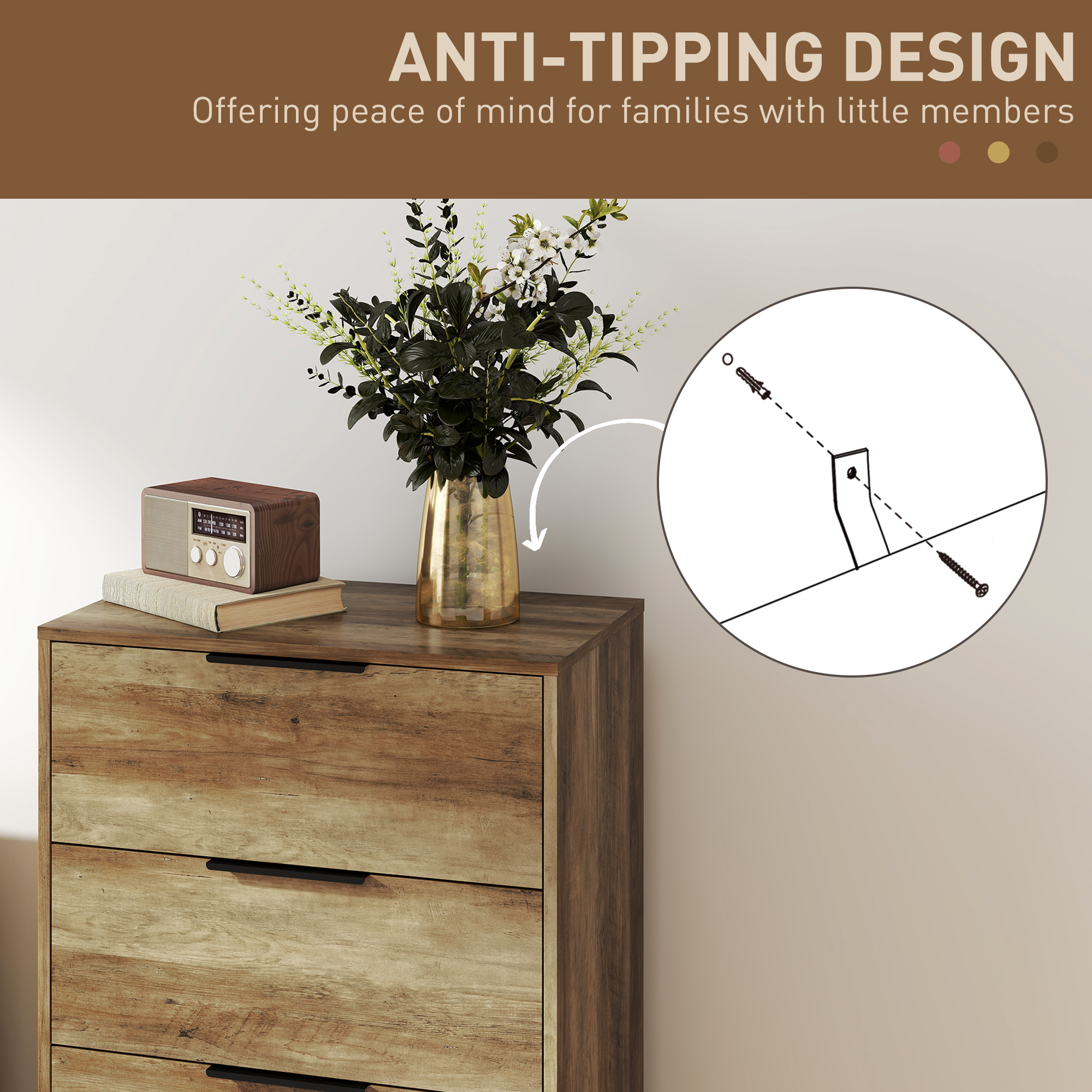  Comoda cu 4 sertare, sistem anti-rasturnare, manere negre, din lemn si metal, 62x35x105 cm, maro deschis [5]