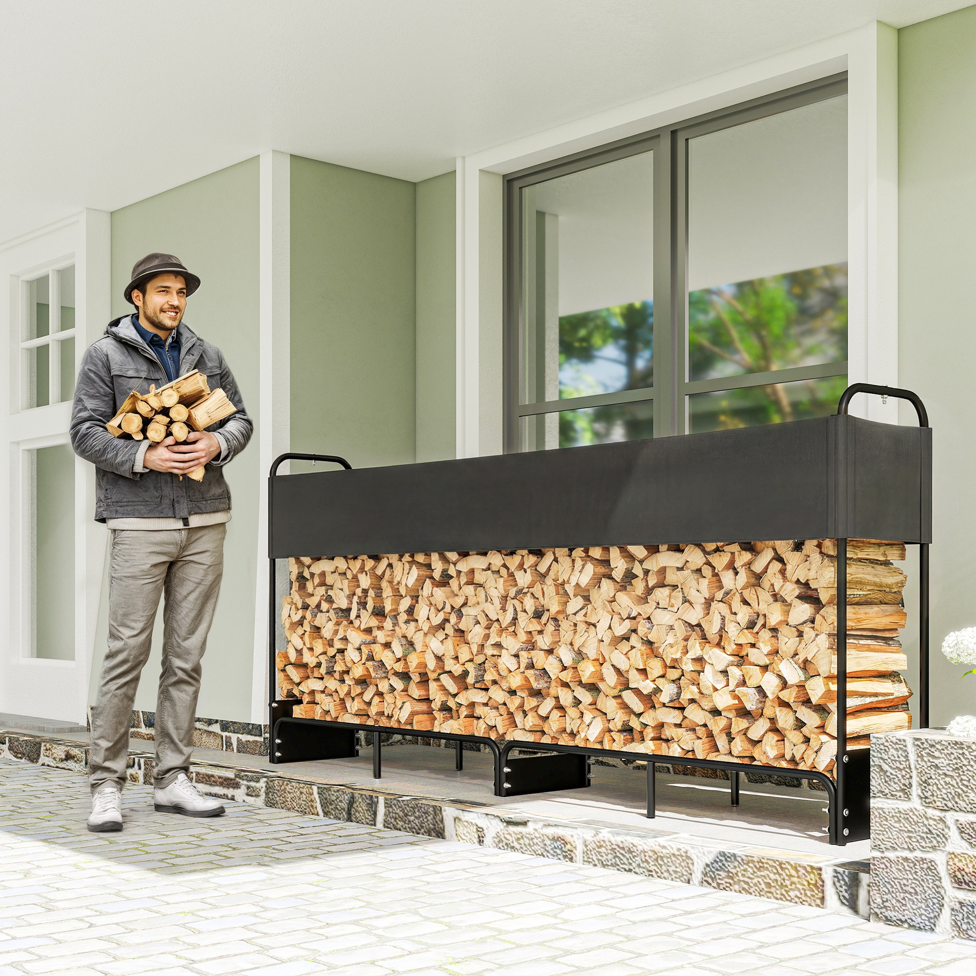 Outsunny Außen-Holzlager 260 x 38 x 118 cm, Holzunterstand mit wasserdichter 600D Oxford-Abdeckung, Tragkraft 500 kg, ideal als Außen-Holzregal für Kamin, schwarz   Aosom