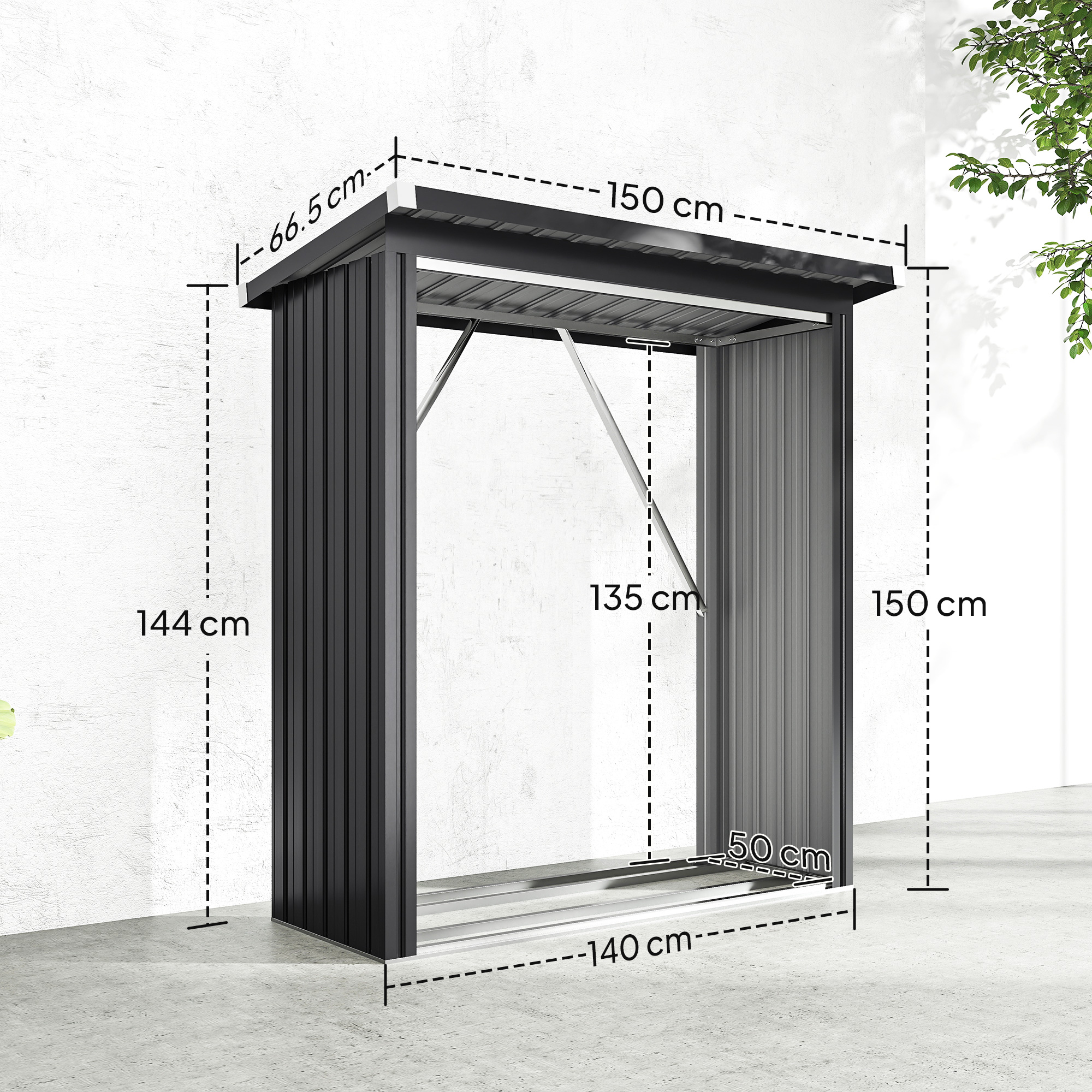  Depozit pentru Lemne din Otel pentru Exterior, Baza Ridicata si Acoperis inclinat, 150x66.5x150 cm, Gri inchis [2]