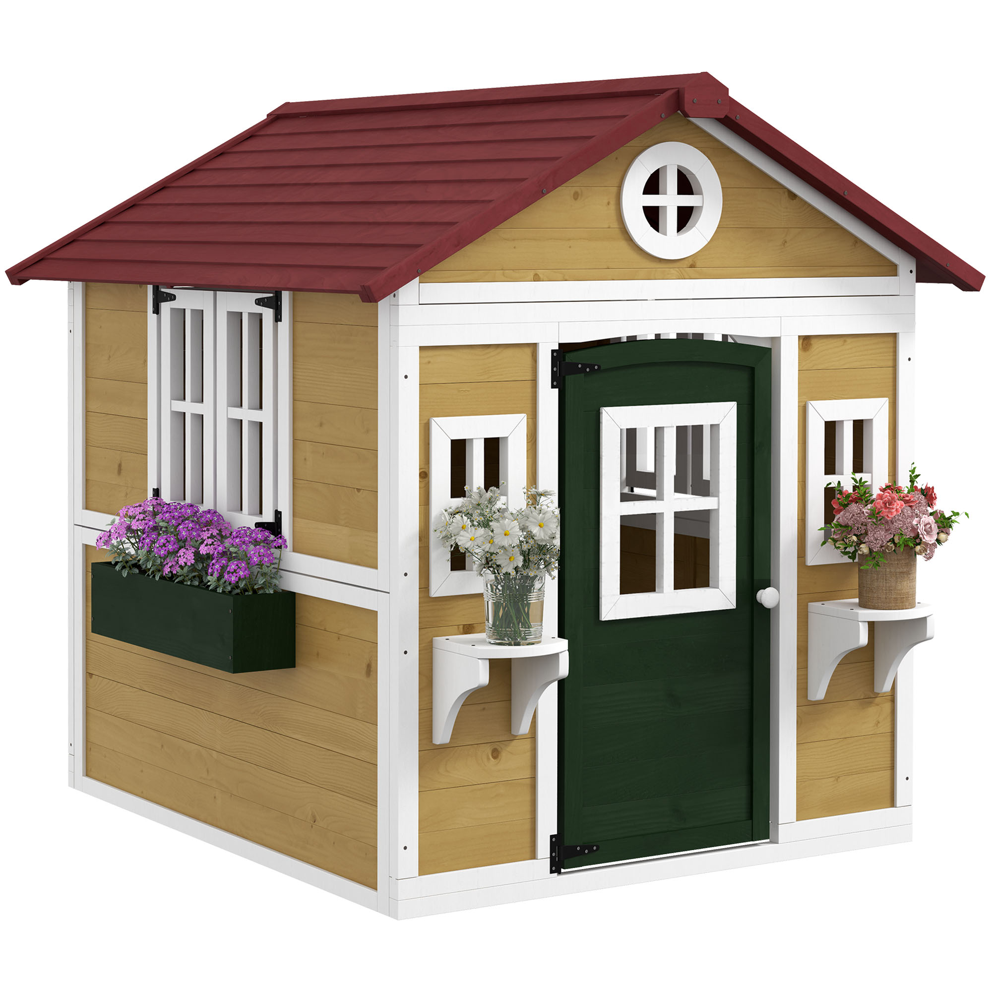 Outsunny Casita de Madera Infantil con Puerta Ventanas Jardineras y Repisas con Detalles de Color 114x126,4x135 cm Natural