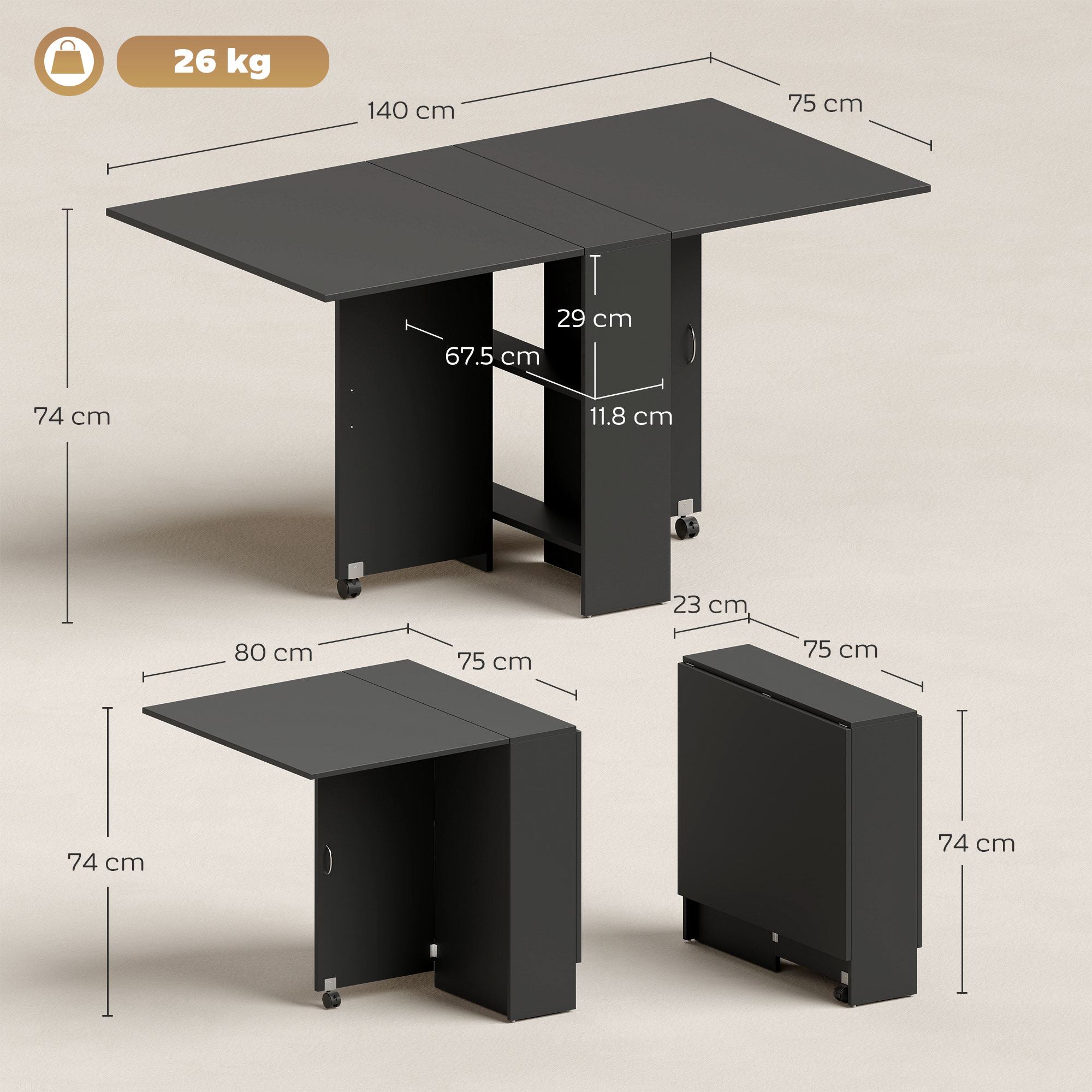  Masa Pliabila din Lemn pentru 4-6 Persoane cu Roti, 75x140x74cm, Neagra [2]