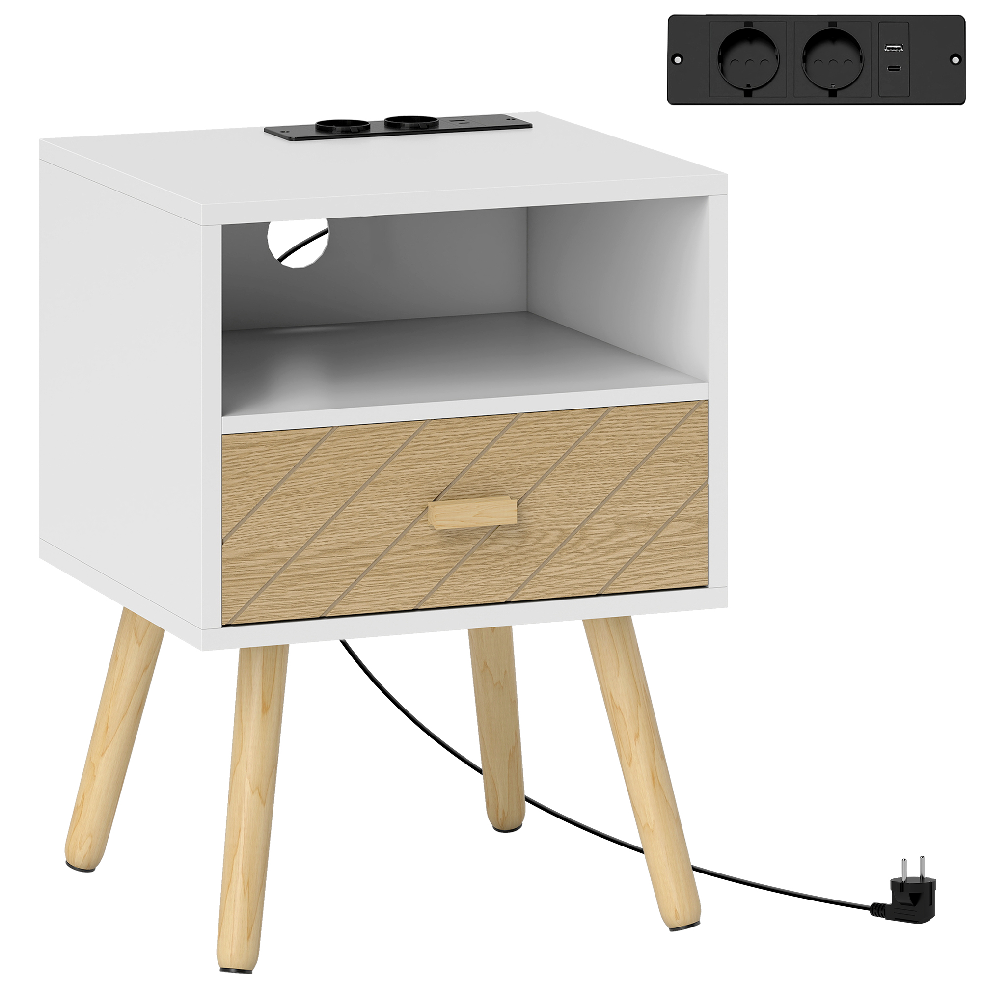 HOMCOM Nachttisch mit Ladestation, Nachttisch mit Schublade, 2 AC-Steckdosen, USB- und Typ-C-Anschluss, offenes Fach, Holzbeine, für Wohnzimmer, Schlafzimmer, Weiß Aosom