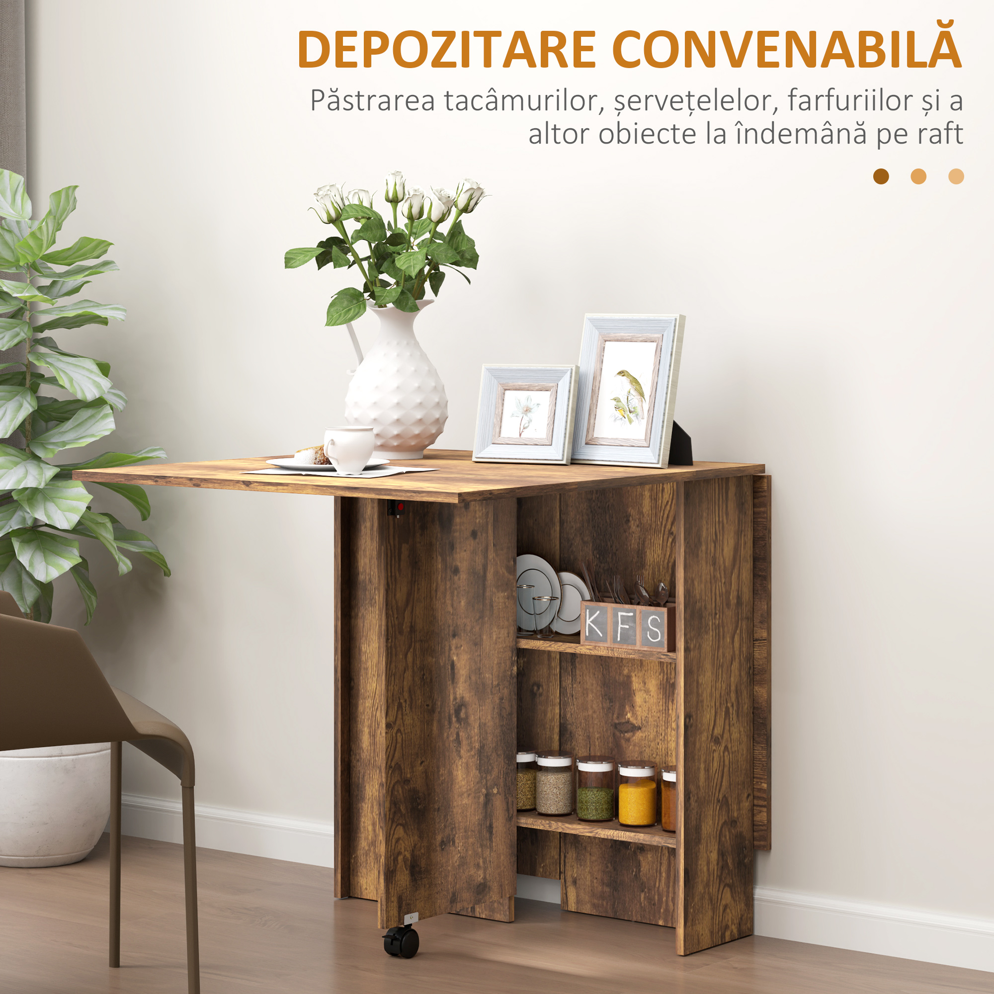  Masa Pliabila de Luat Masa, Masa cu Blaturi pentru Spatii Mici, cu Rafturi cu 2 Niveluri, Masa de Bucatarie Mica cu Rotile de Rulare [4]