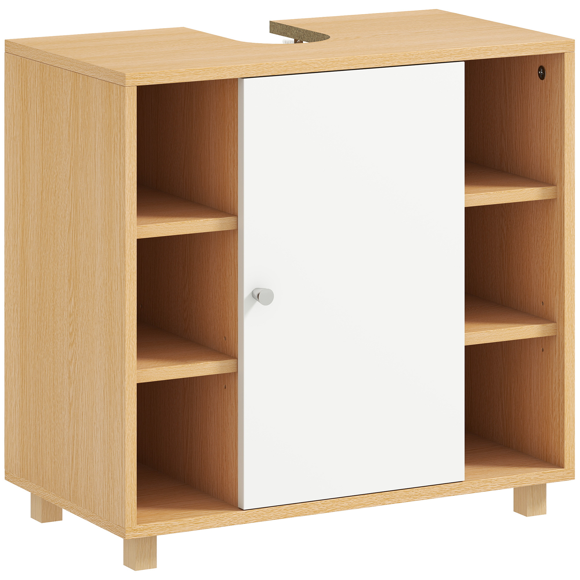 HOMCOM Unterschrank für Waschbecken mit 6 offenen Ablagen und Schrank, Unterschrank mit U-Ausschnitt und 2 Soft-Close-Türen, für Waschbecken mit oder ohne Säule, 60x33x57 cm, Holzfarben und Weiß Aosom