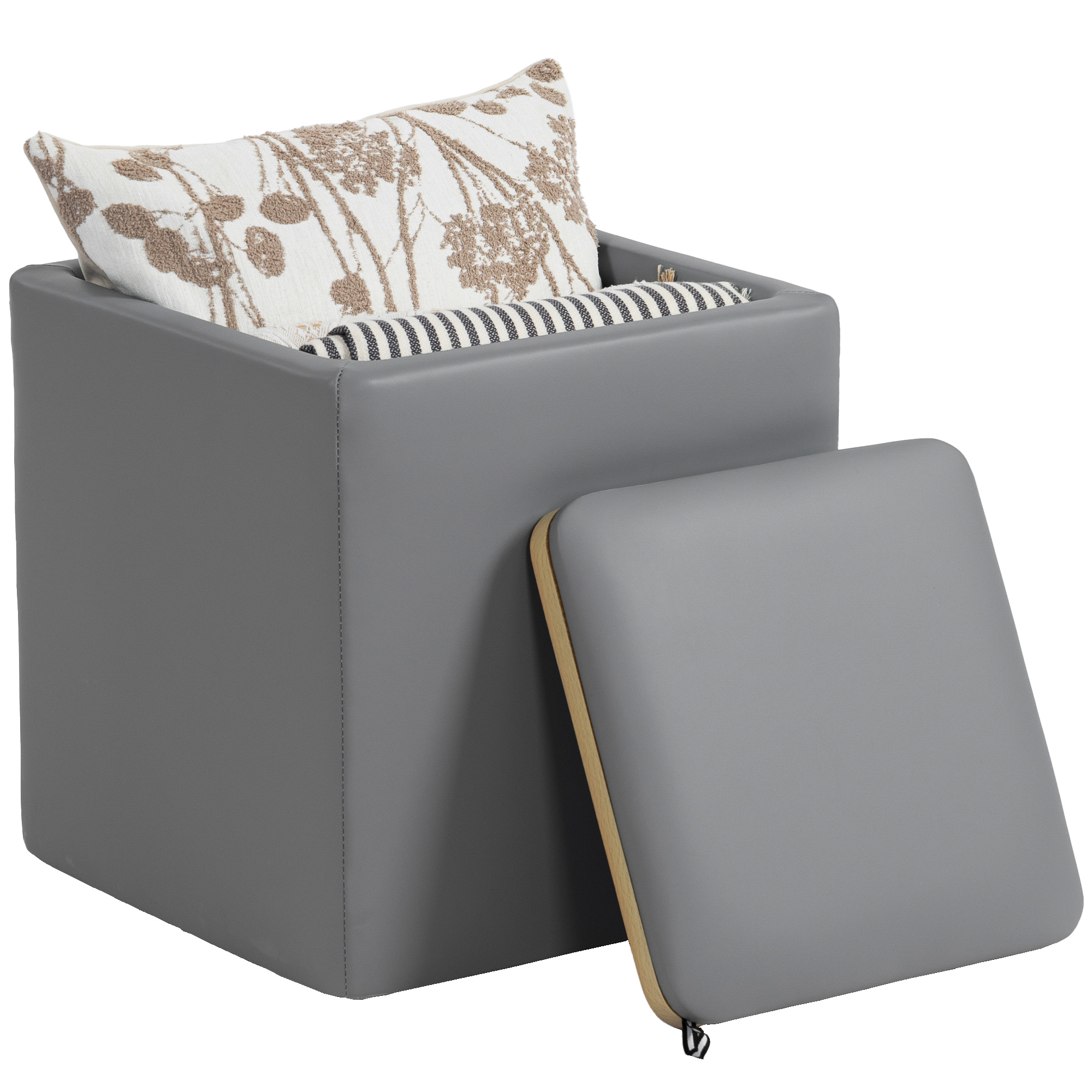 HOMCOM Pouf de rangement avec couvercle, pouf carré siège cube similicuir 40 x 40 x 40 cm Gris