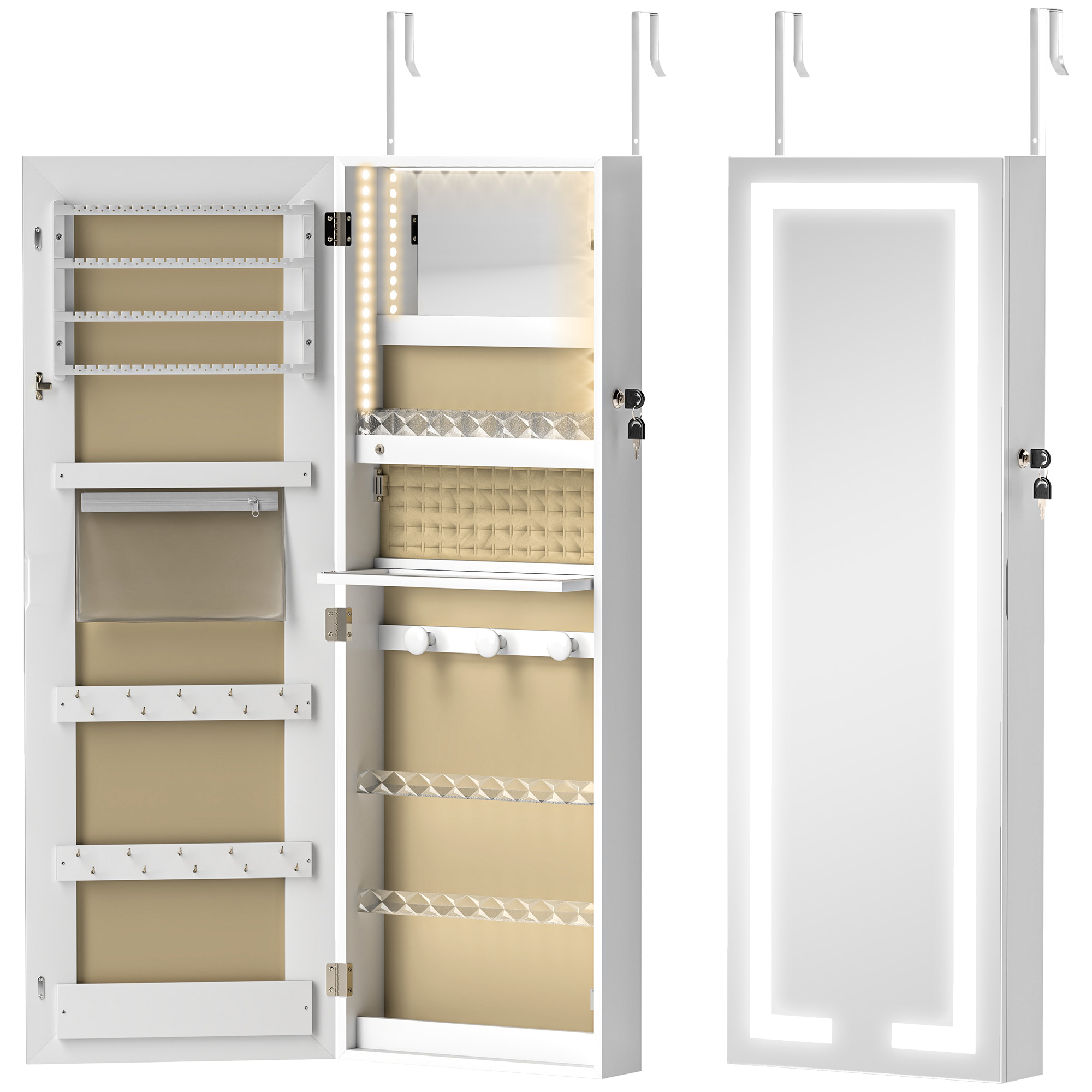 HOMCOM Schmuckschrank mit LED, abschließbarer Wand-/Tür-Organizer mit Ganzkörperspiegel, verschiedene Fächer, Aufbewahrungsmöbel für Ketten, Ohrringe, weiß Aosom