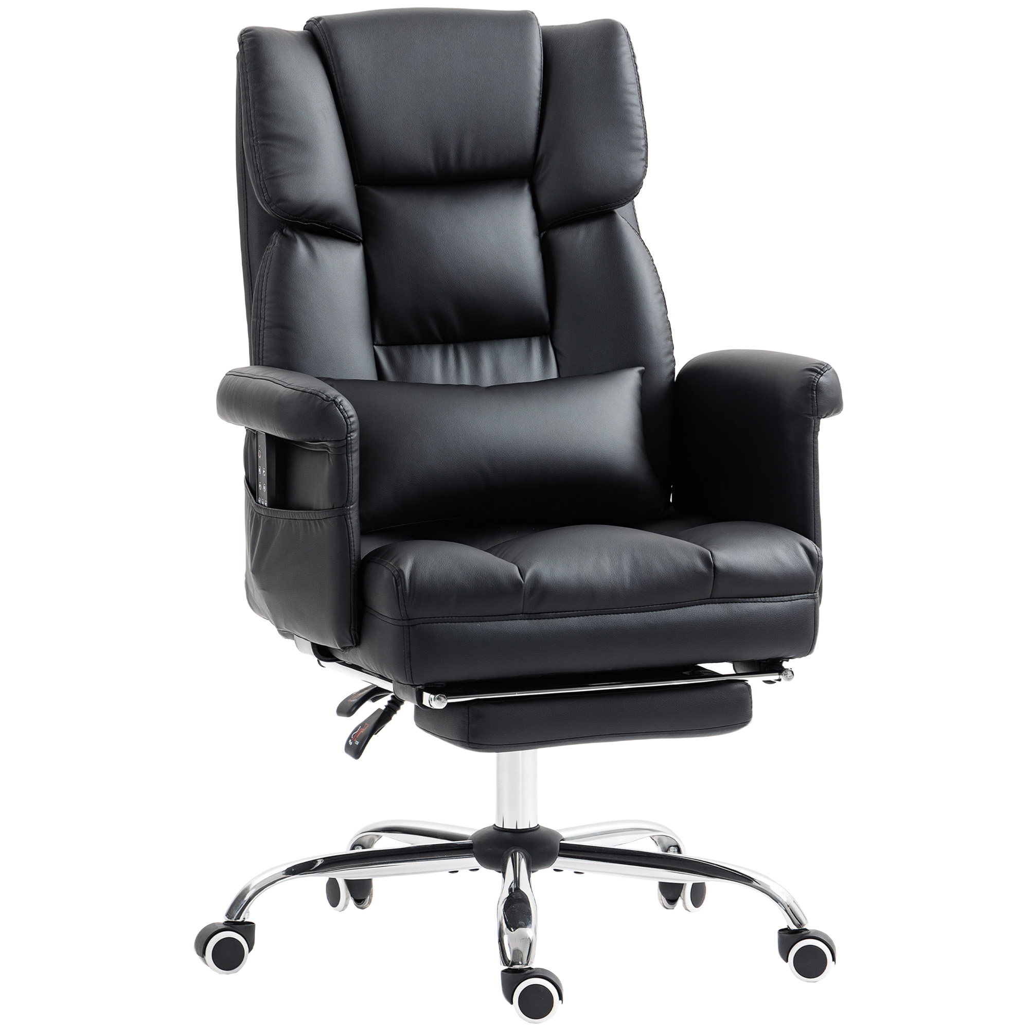 HOMCOM Bürostuhl mit 6 Vibrations-Massagepunkten Drehbarer ergonomischer Schreibtischstuhl mit einziehbarer Fußstütze Höhenverstellbar Fernbedienung und Lendenstütze Schwarzes PU-Leder Aosom