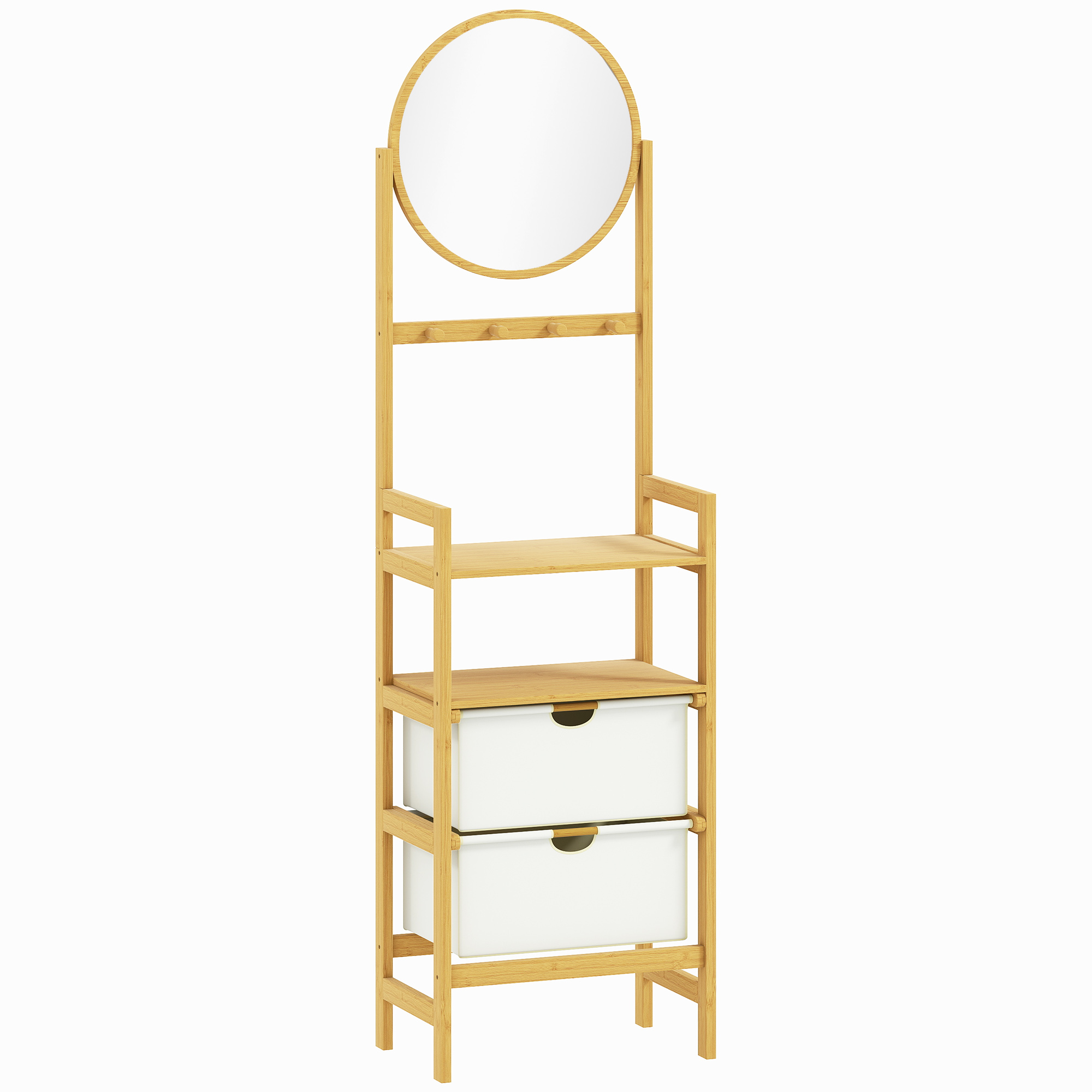 HOMCOM Bambus-Badregal mit Spiegel, Aufbewahrungsregal mit 4 Haken, 2 offenen Regalböden und 2 Stoffschubladen für Küche, Bad, Wohnzimmer 48,5x30x170 cm Natur Aosom