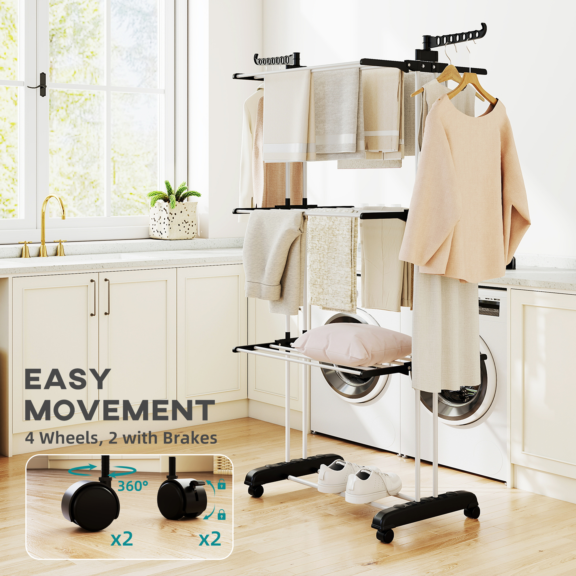  Uscator de rufe pliabil cu 4 nivele, aripi pivotante si 4 roti, din otel si PP, 73x64x177 cm, negru [6]