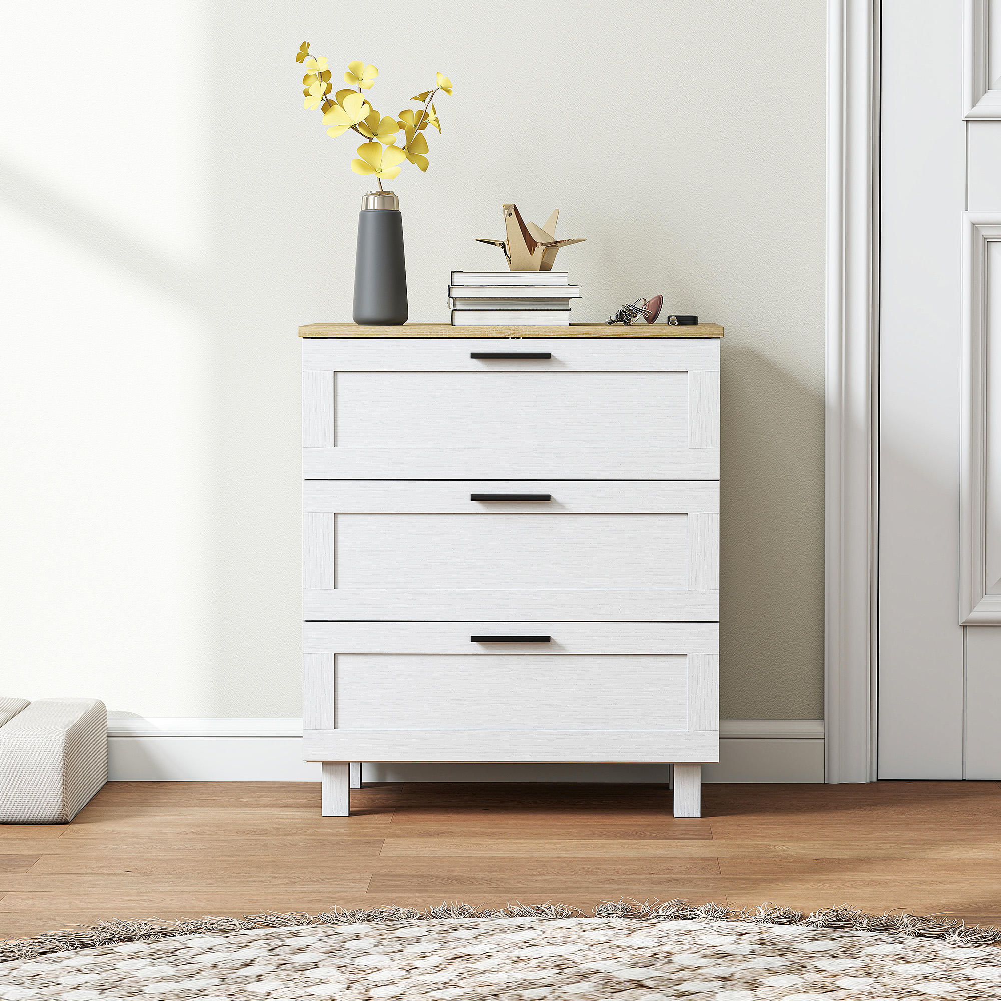  Comoda cu 3 Sertare Moderna din Lemn, 60x38x71 cm, Alb si Aspect de Lemn [7]