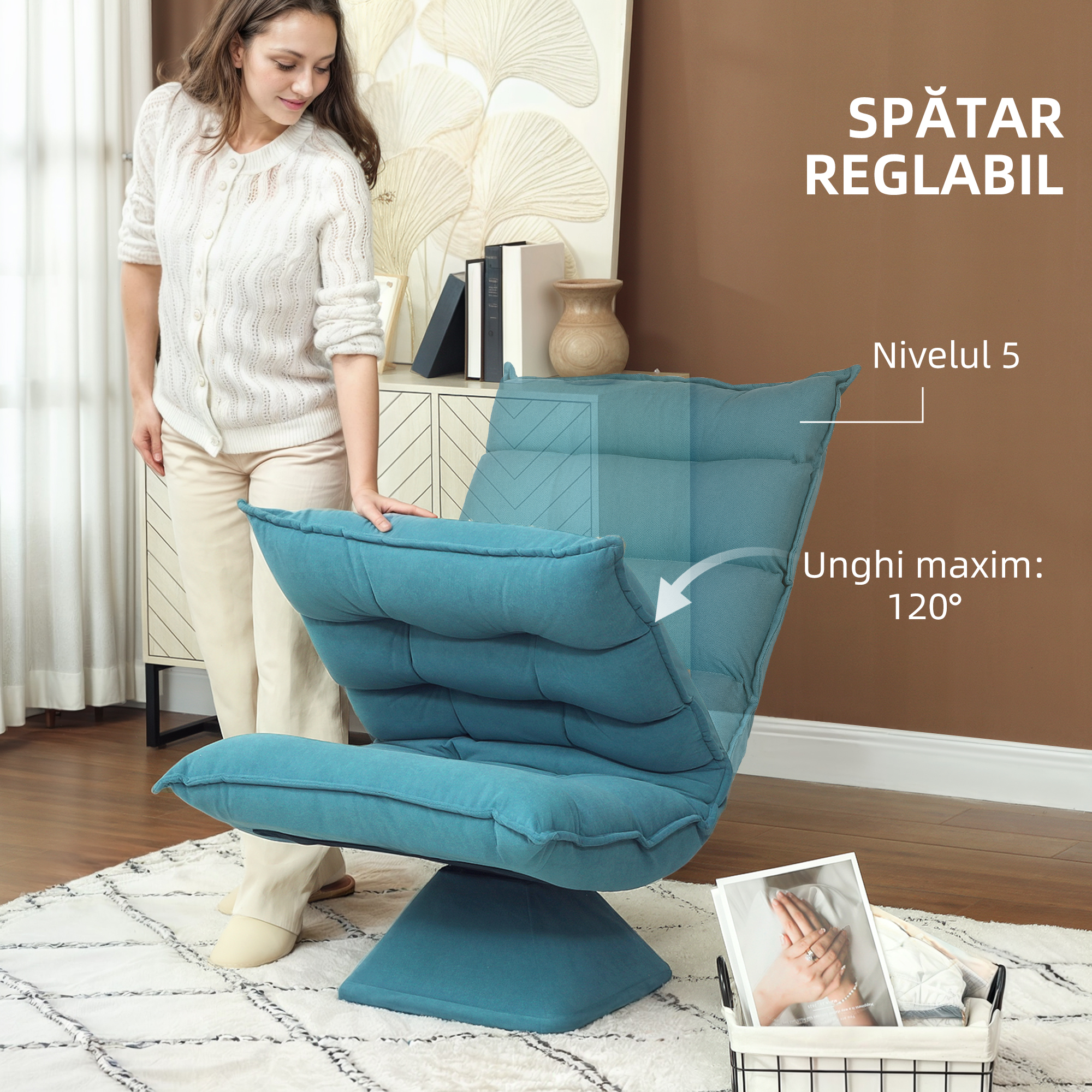  Fotoliu de Podea Relaxant Rotativ 360° cu Spatar Reglabil in 5 Pozitii, 62x70x95 cm, Albastru [3]