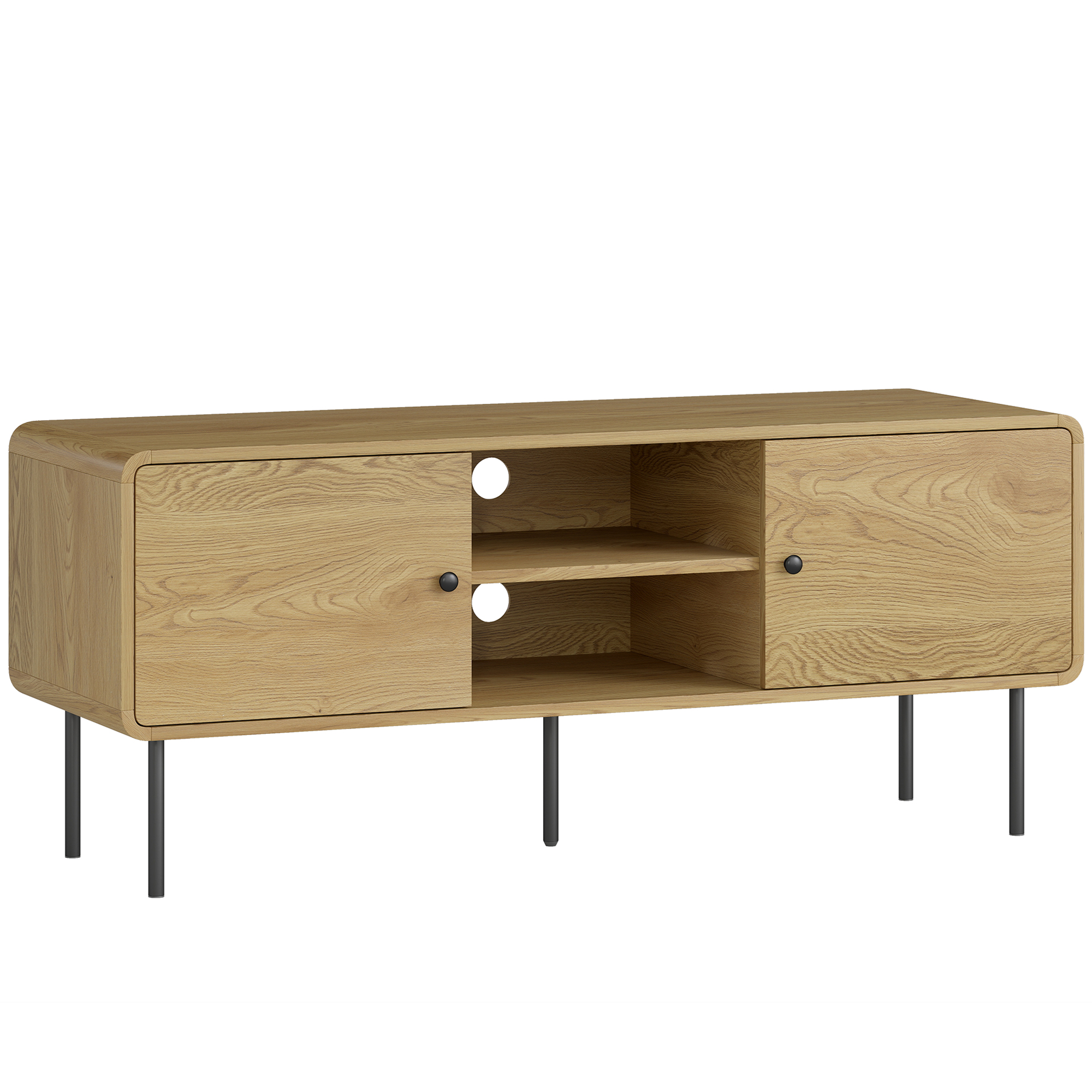 HOMCOM TV-Möbel 120 cm, TV-Ständer für Fernseher bis zu 140 cm mit abgerundeten Ecken, Kabeldurchlässen, 2 offenen Fächern, Stahlfüßen, modernes TV-Bank für Wohnzimmer, Schlafzimmer, Eiche Aosom