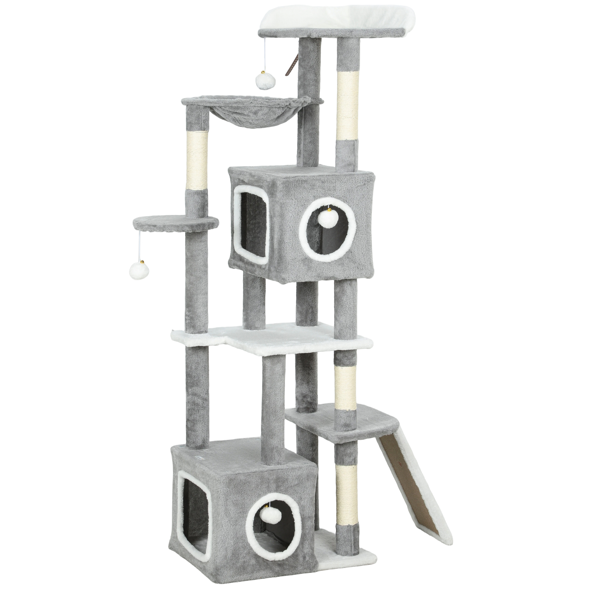 PawHut Kratzbaum 165 cm hoch, mehrstufiger Katzenbaum mit 4 Sisal-Kratzpfosten, 2 Höhlen, Liege, Hängematte, 4 Pompons, Plattformen, Rampe, Katzen-Turm, Plüsch, Grau Aosom