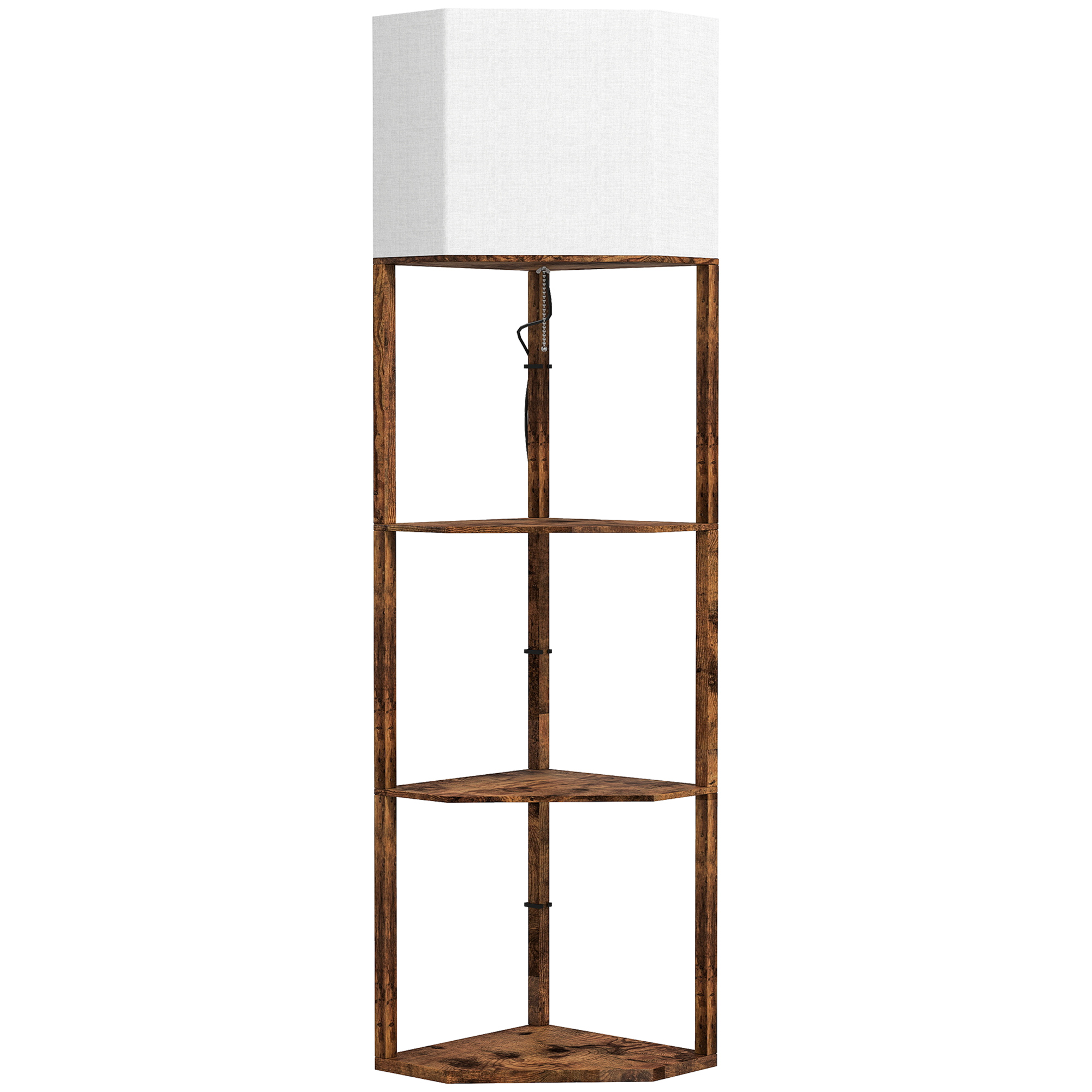 HOMCOM Corner Floor Lamp with Shelves, Modern Tall Standing Lamp with Chain Switch for Living Room, Bedroom, Bulb Not Included, Rustic Brown