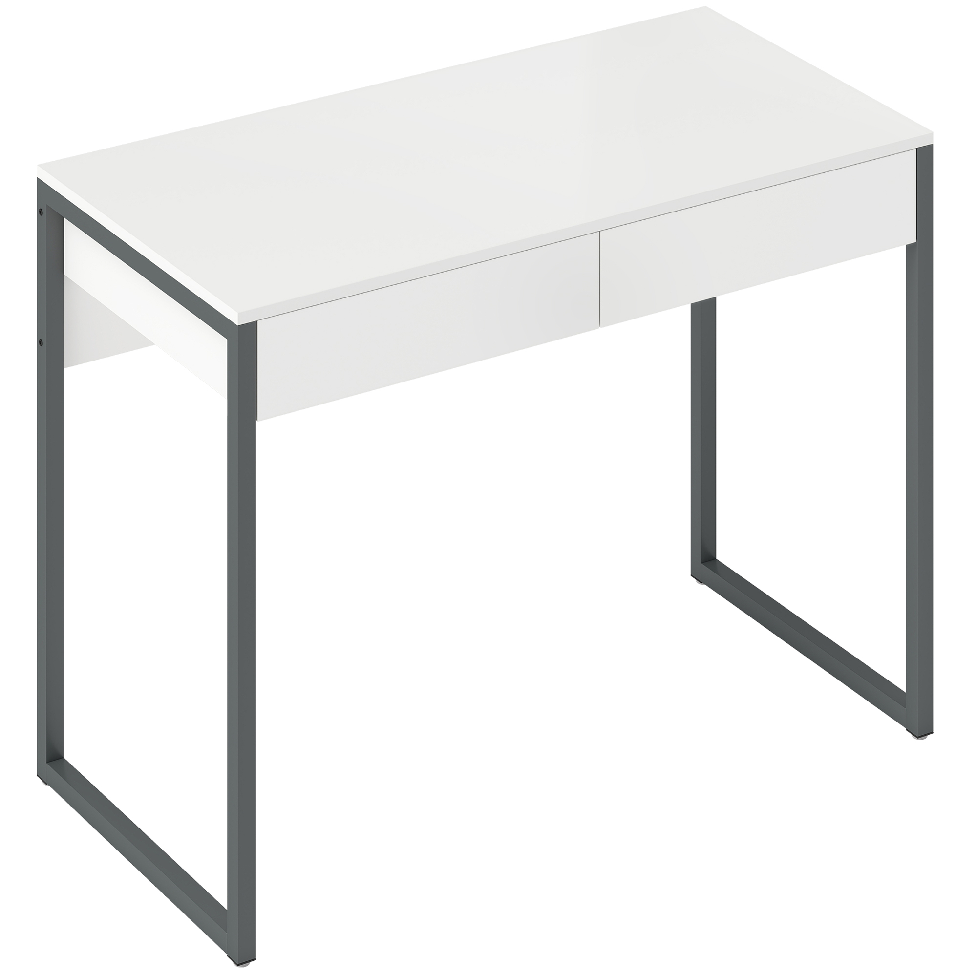 HOMCOM Schreibtisch mit 2 Schubladen, 100x50x75 cm, Computertisch, Stahlgestell, für Zuhause, Büro, kleine Räume, Hochglanzweiß Aosom