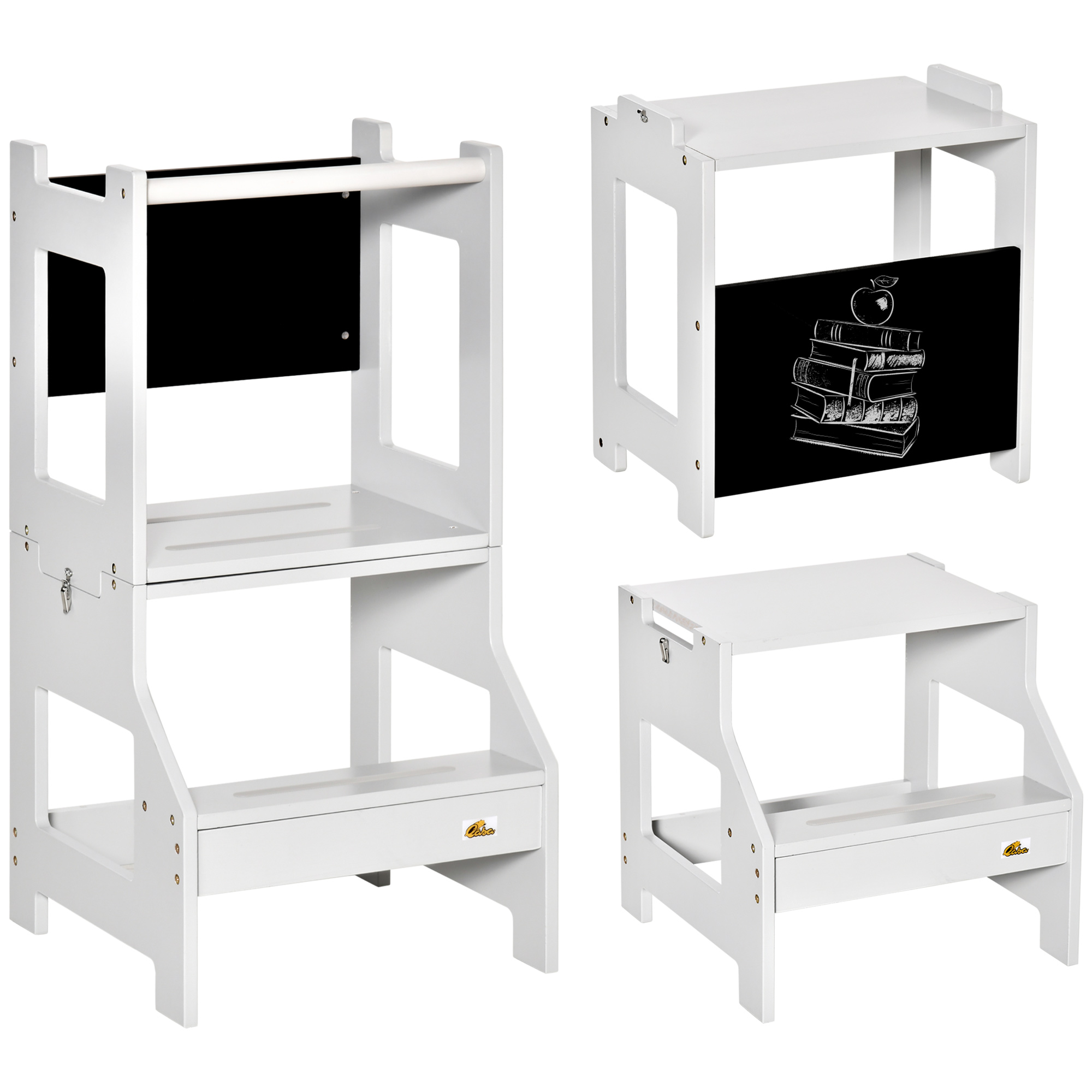 HOMCOM 3-in-1 Lernturm für Kinder, Lernturm mit Stange, hohen Sicherheitsrändern und Kreidetafel, rutschfeste Stufen, Learning Tower, geeignet für Kinder von 3 bis 6 Jahren, grau Aosom