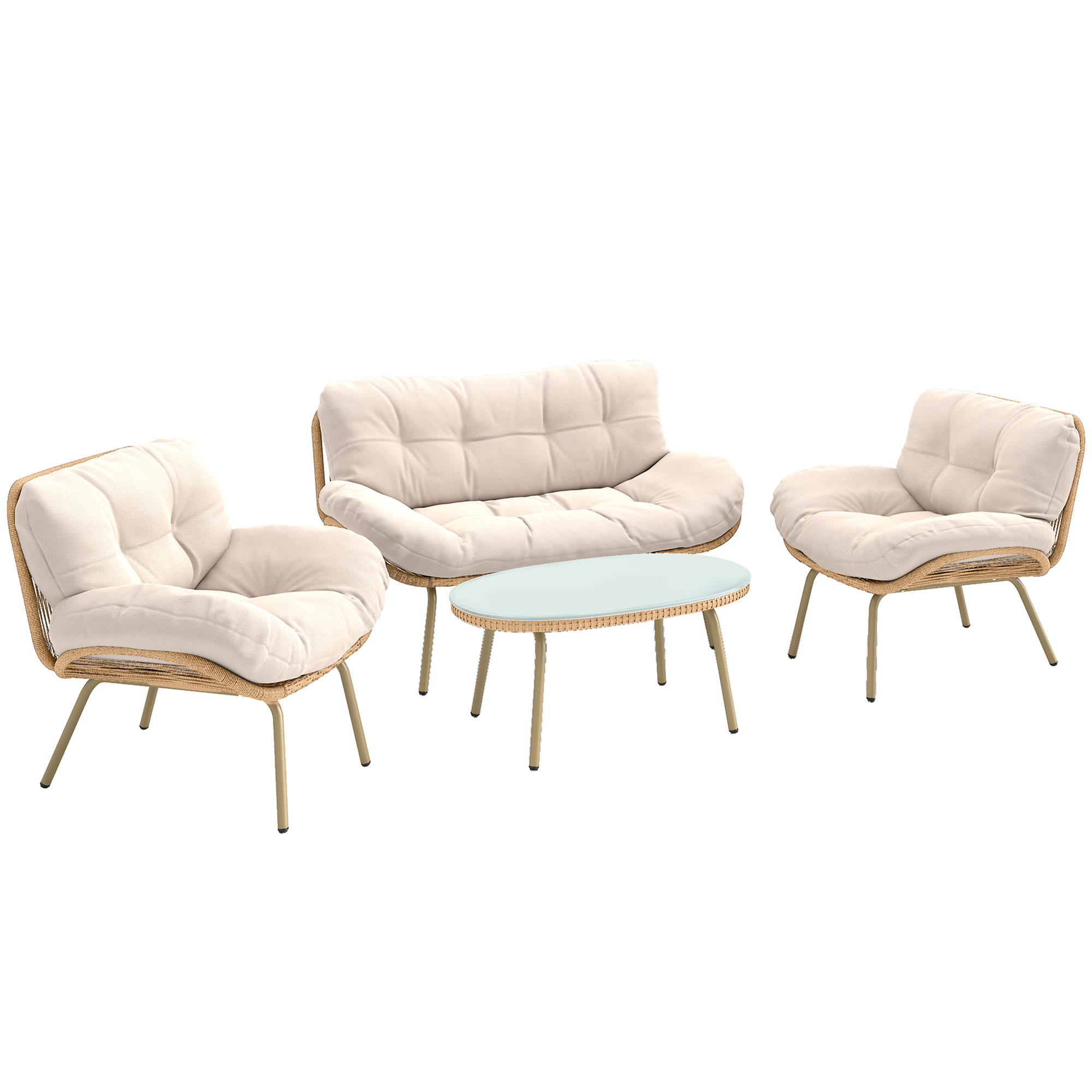 Outsunny Conjunto de Muebles de Jardín de Rattán de 4 Piezas con Cojines Sofá 2 Sillones y Mesa de Centro Beige