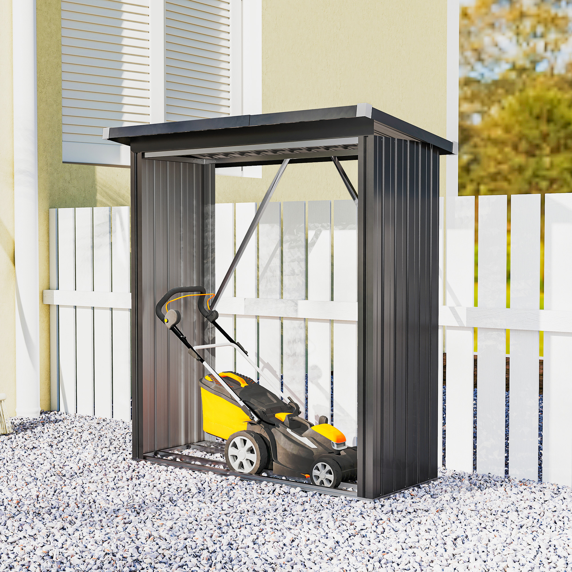  Depozit pentru Lemne din Otel pentru Exterior, Baza Ridicata si Acoperis inclinat, 150x66.5x150 cm, Gri inchis [6]