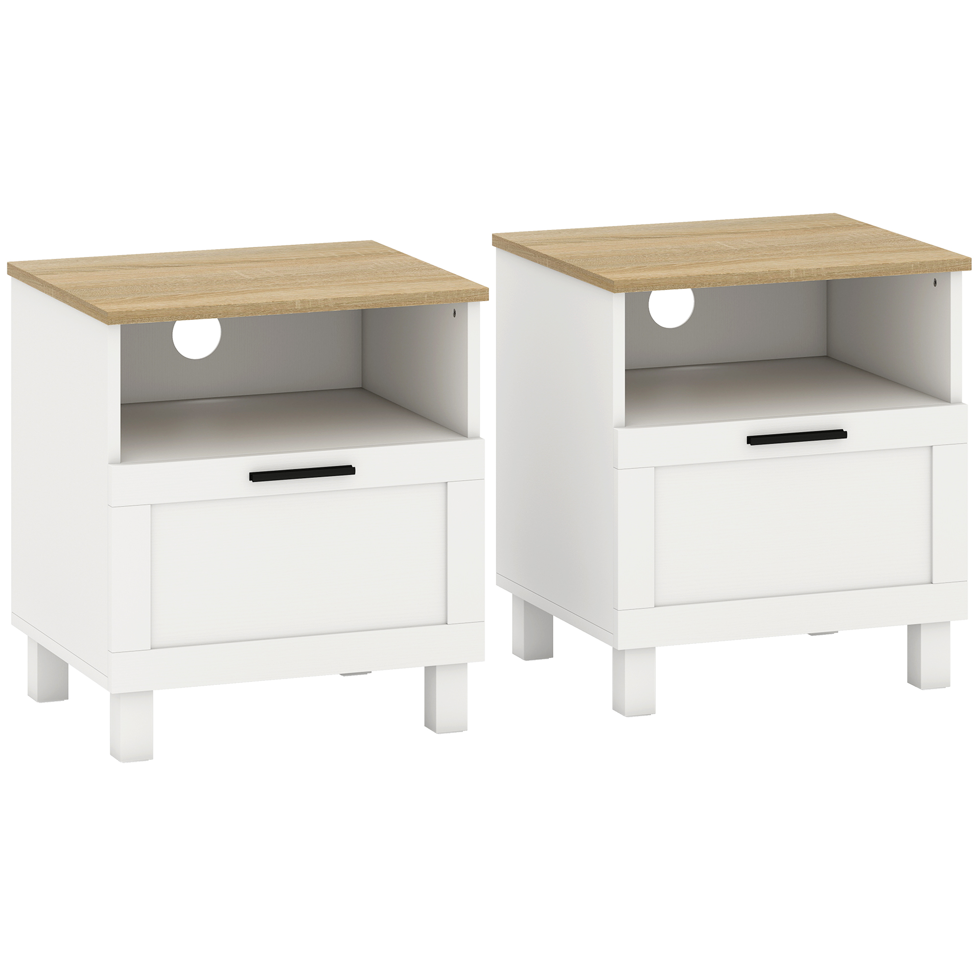 HOMCOM 2er-Set moderne Nachttische, Nachttisch mit Schublade und offenem Fach, Holzbeine, Beistelltisch für Wohnzimmer & Schlafzimmer, 45x38x50 cm, Weiß Aosom