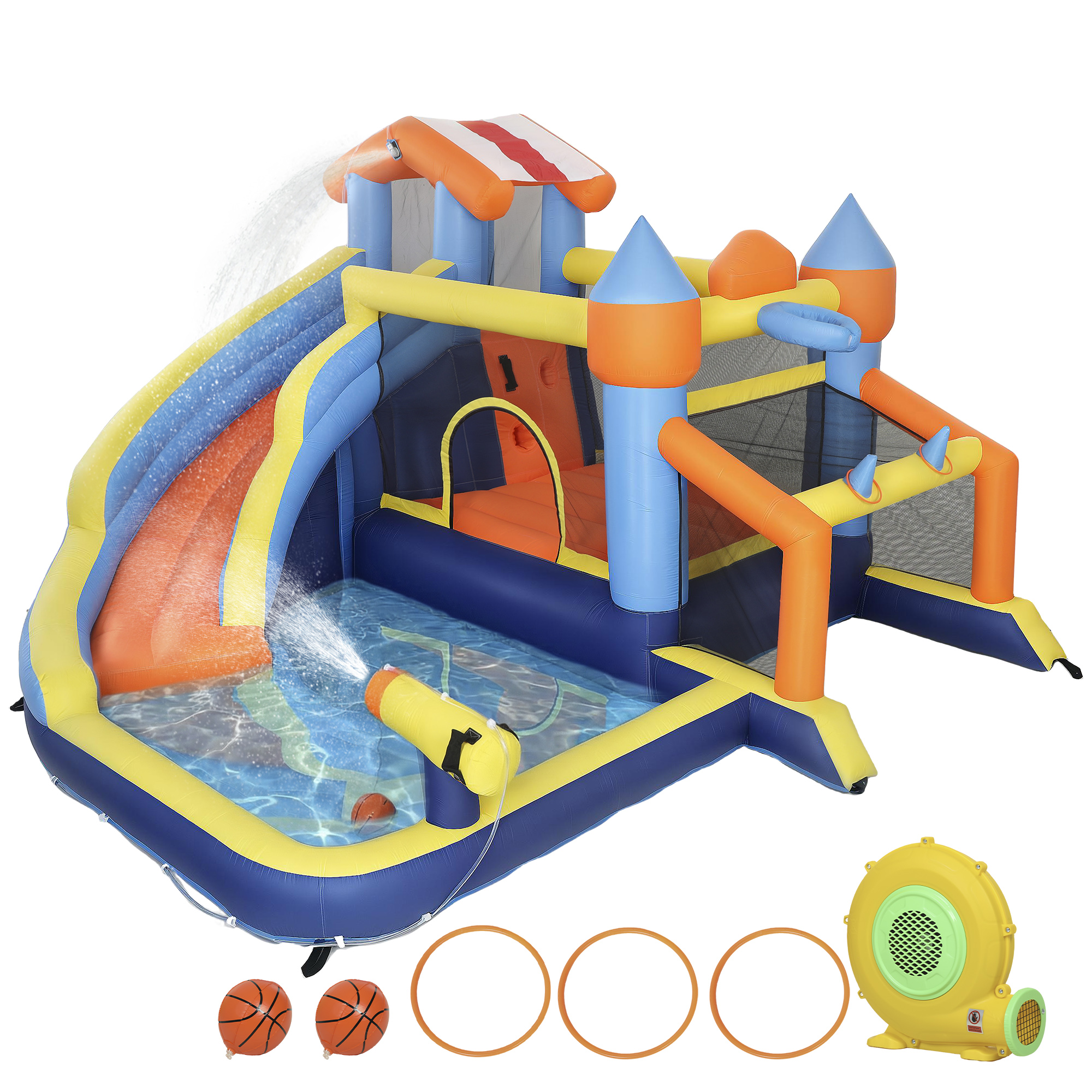 AIYAPLAY Castillo Hinchable Acuático 8 en 1 con Soplador 550W Tobogán Trampolín Escalada Piscina Portería Canasta Lanzamiento