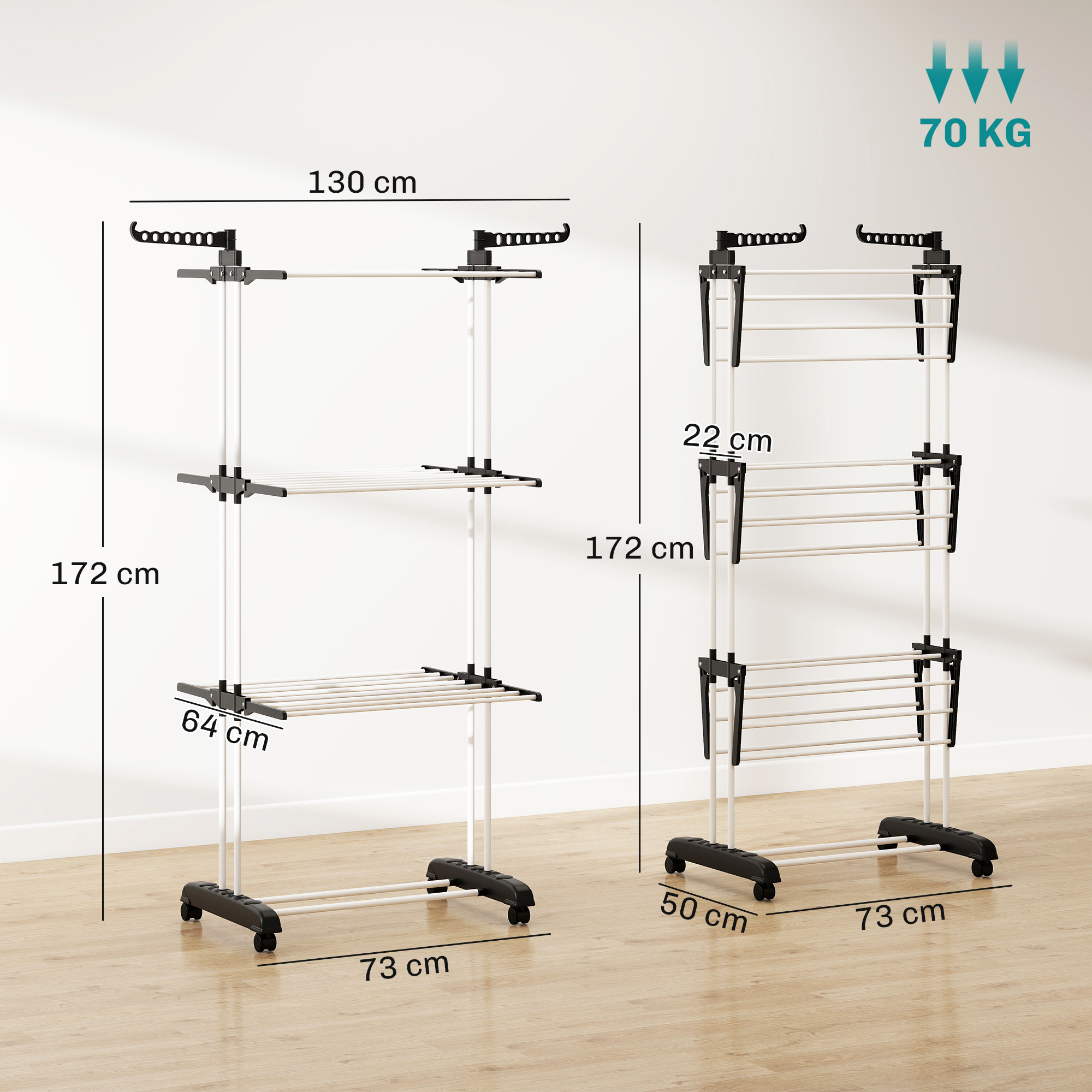  Uscator de rufe pliabil cu 4 nivele, aripi pivotante si 4 roti, din otel si PP, 73x64x177 cm, negru [2]