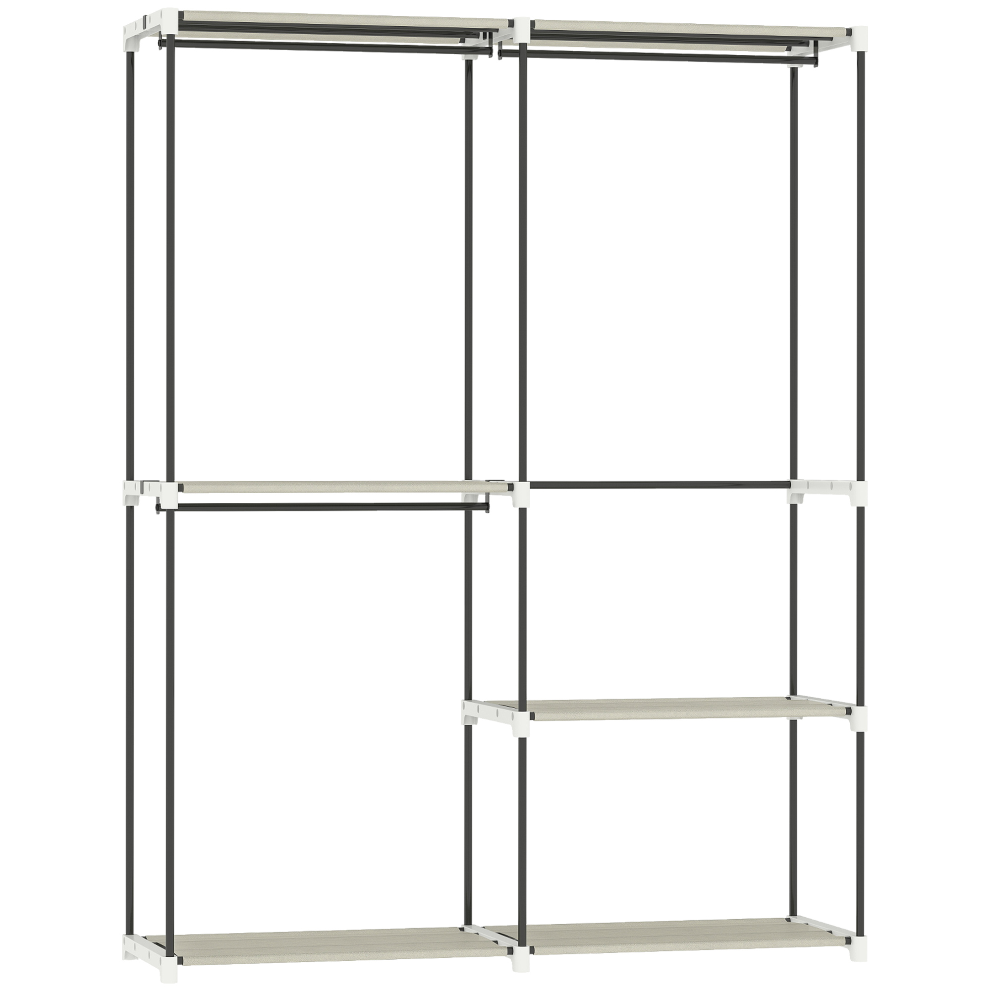 HOMCOM Kleiderschrank, Garderobe, 142x43x185 cm, offener Schrank mit 4 Vliesstoff-Regalen, 3 Kleiderstangen, Metallgestell, für Schlafzimmer, Wohnzimmer, Ankleide, Creme Aosom