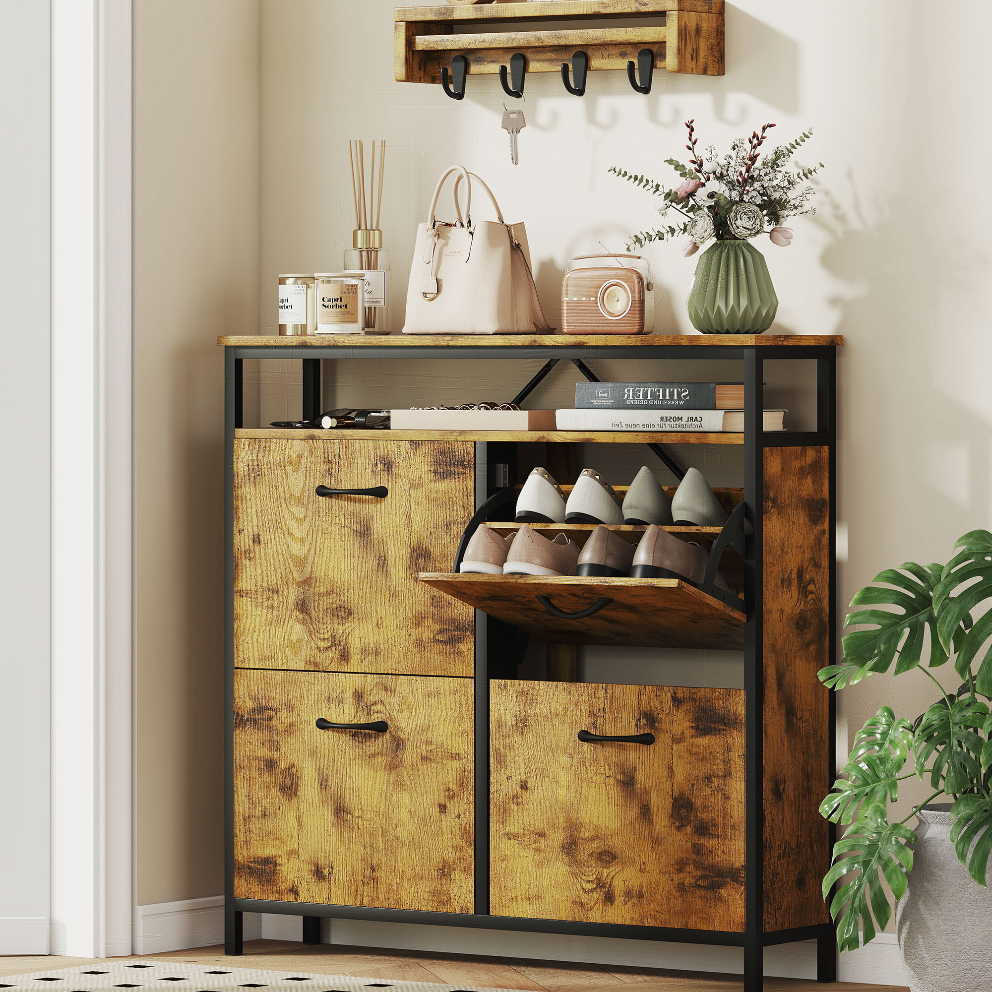 HOMCOM Schuhschrank mit 4 Klappen Schmal Schuhkipper mit Verstellbar Trennw günstig online kaufen