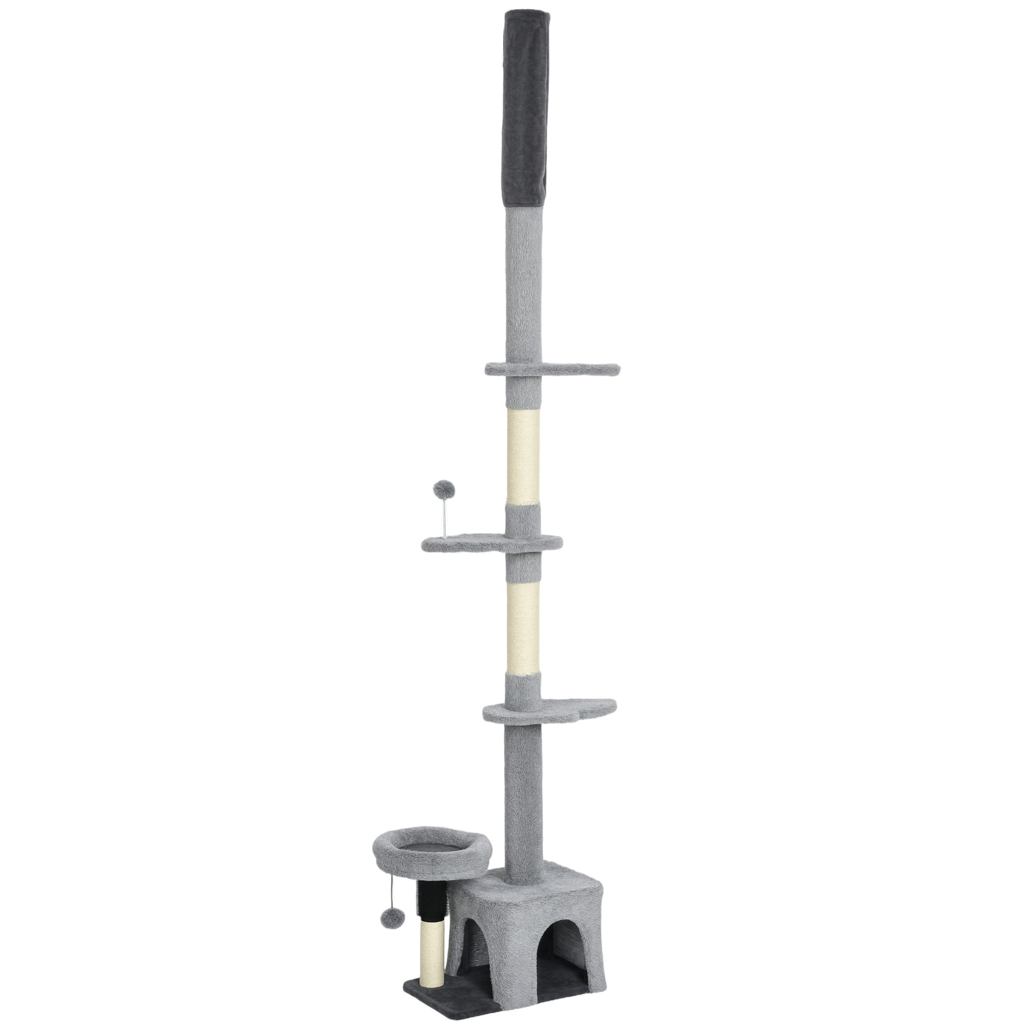 PawHut Kratzbaum Boden bis Decke, höhenverstellbarer Mehrstöckiger Katzenturm 225-255 cm mit Sisal-Kratzpfosten, Höhle, Bett und hängendem Ball, Plüschbezug, grau Aosom