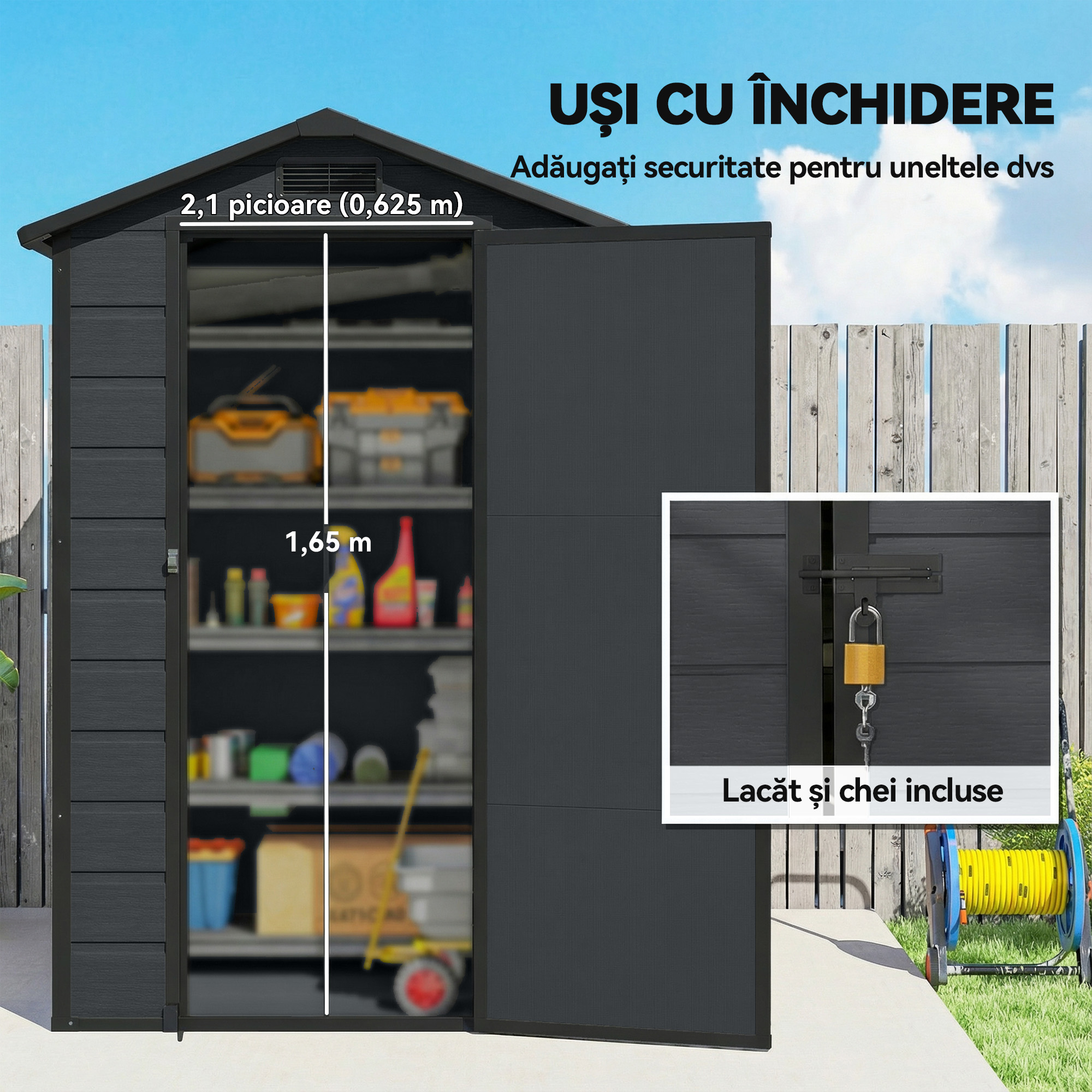  Casuta pentru Unelte cu 2 Intrari, Ferestre si Aerisiri, din PP si Aluminiu, 128x104x196 cm, Gri inchis [5]