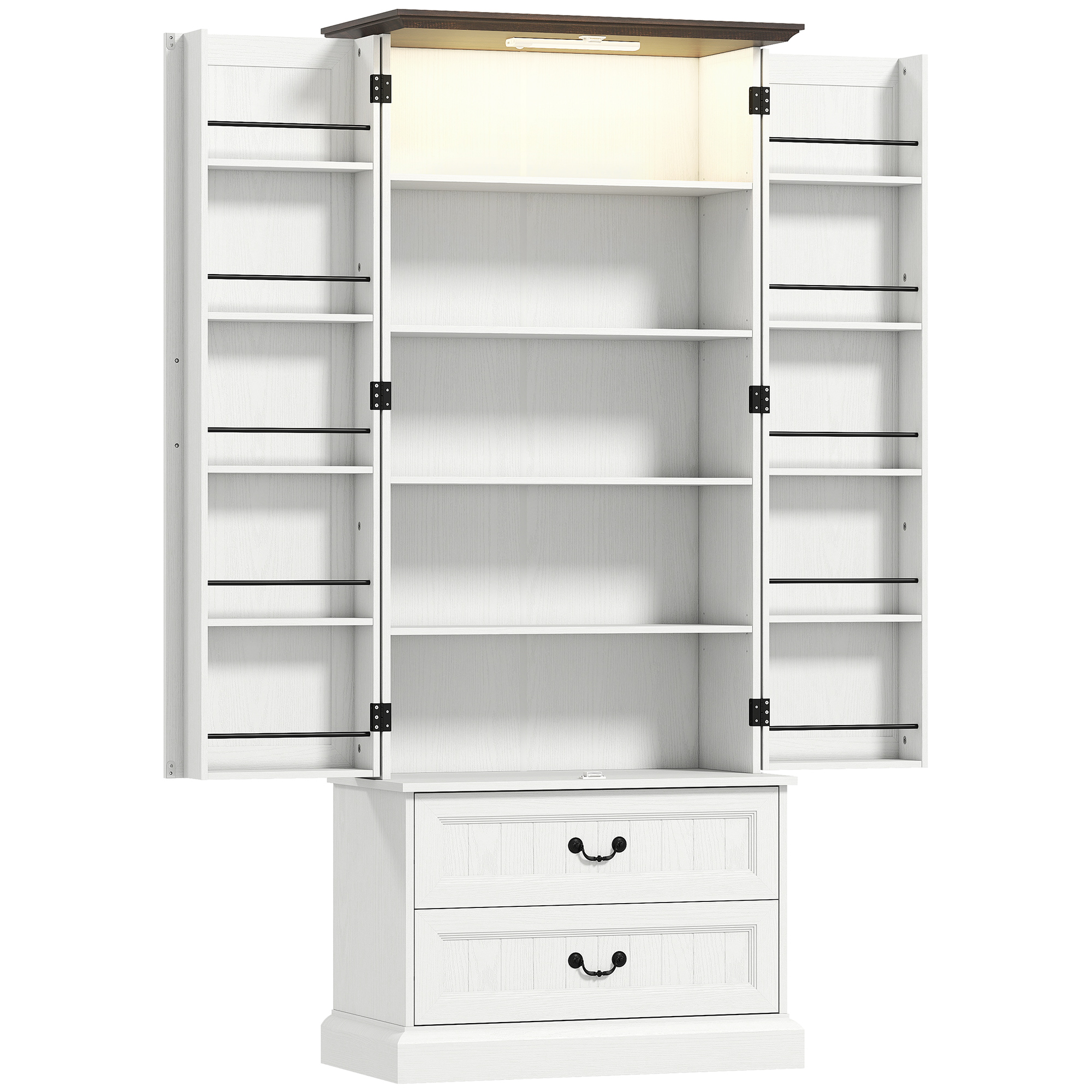 HOMCOM Hochschrank Küche mit Sensor-LED, Küchenschrank, 2 Türen, 10 Gewürzhalter, 2 Schubladen und verstellbare Regale, Aufbewahrungsschrank für Wohnzimmer, Esszimmer, 76x39,5x183cm, weiß Aosom