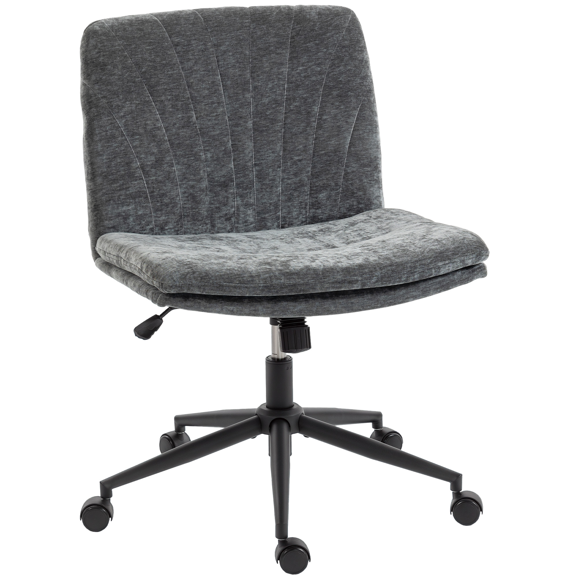 HOMCOM Bürostuhl für gekreuzte Beine, Schreibtischstuhl mit breiter Sitzfläche, ohne Armlehnen, Rollen, höhenverstellbar, drehbar, Wippfunktion, Chenille bezogen, 62x67x83-93 cm, Grau Aosom