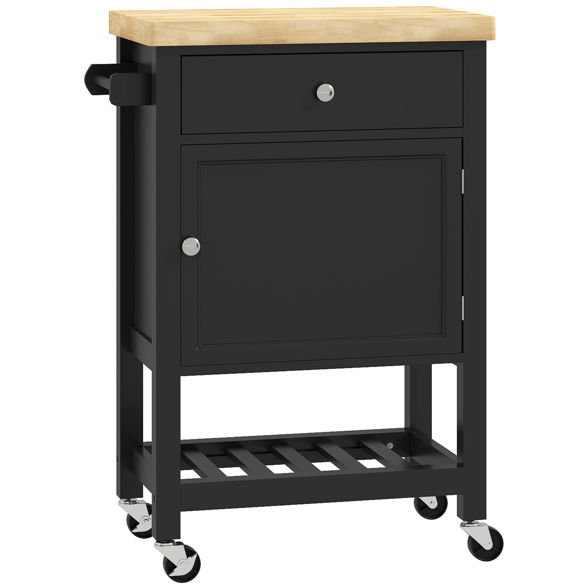 HOMCOM Küchenrollwagen auf Rollen, Servierwagen, Arbeitsplatte aus Gummibaumholz, Schublade, Schrank und Geschirrtuchhalter, Küchen- und Esszimmerwagen, 63,5 x 40 x 90 cm, schwarz Aosom