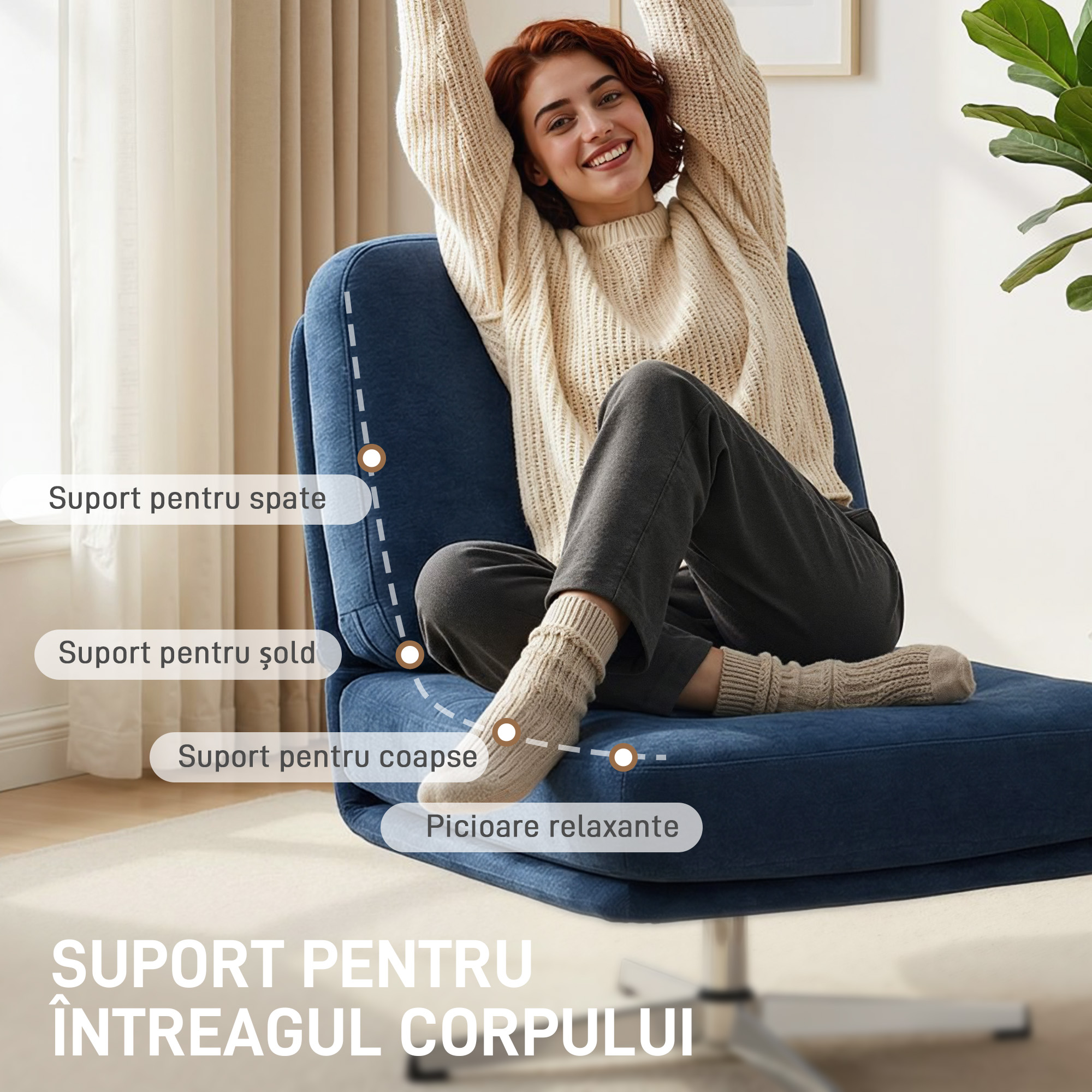  Fotoliu de Living Pivotant imbracat in Chenila cu sezut Lat, Fotoliu Modern pentru Dormitor cu Picioare Metalice, Albastru inchis [7]