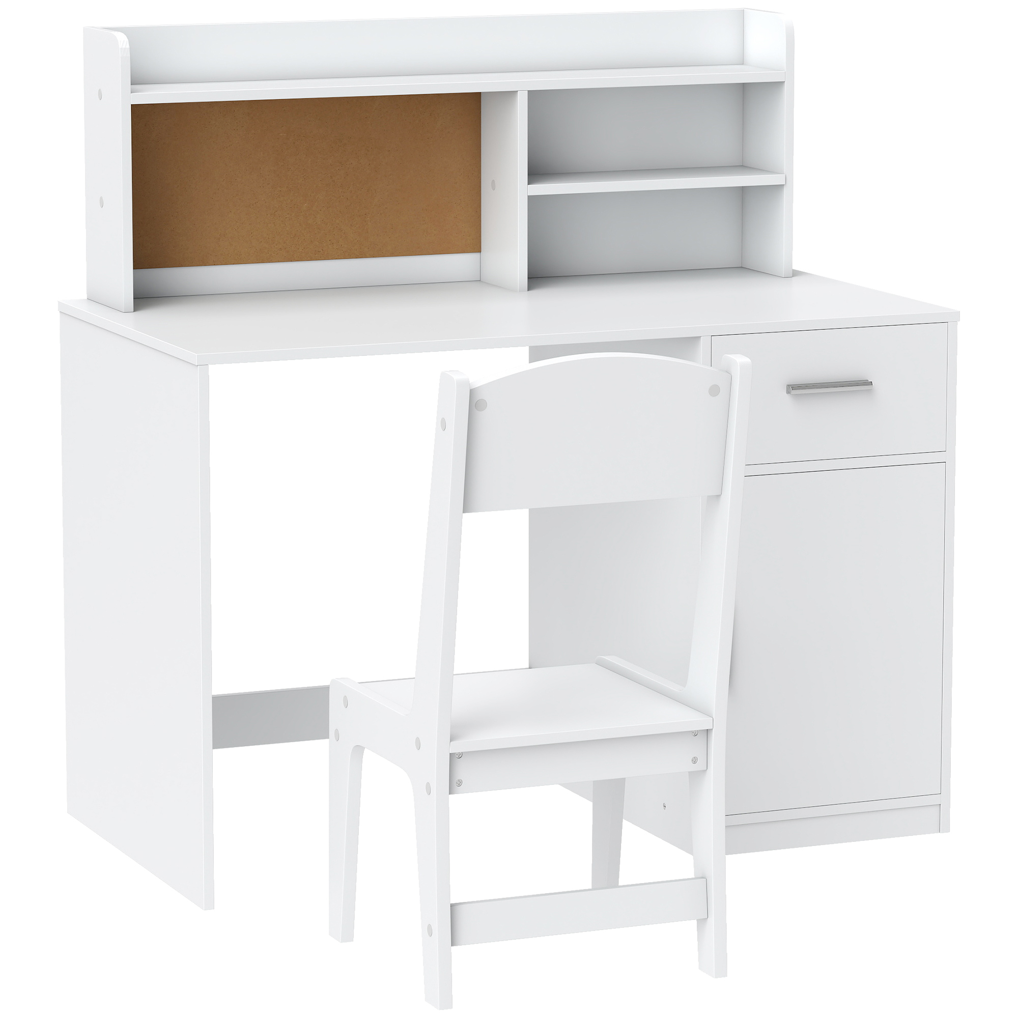 AIYAPLAY Set Schreibtisch und Stuhl für Kinder mit Regalen, Schrank, Schublade und Pinnwand, Tisch- und Stuhl-Set für Kinder 3-12 Jahre, Holzschreibtisch für Kinderzimmer, Lernraum, Weiß Aosom